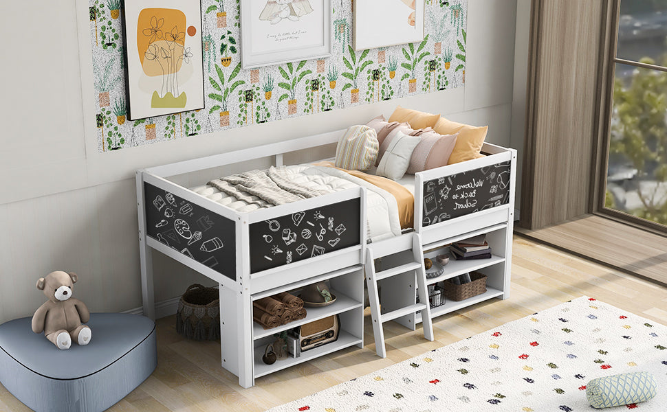 Twin Size Low Loft Bed With Two Movable Shelves And Ladder,With Decorative Guardrail Chalkboard,White Old Sku: Wf283286Aak Box Spring Not Required Twin White Wood Bedroom Pine