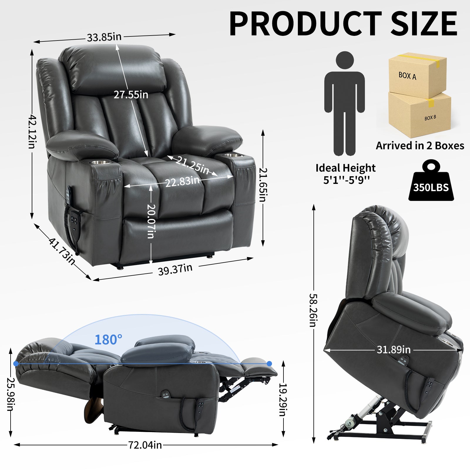 Dual Motor Infinite Position Up To 350 Lbs Leatheraire Power Lift Recliner Chair, Heavy Duty Motion Mechanism With 8 Point Vibration Massage And Lumbar Heating, Stainless Steel Cup Holders, Grey White Metal Primary Living Space Heavy Duty Pine Grey Faux