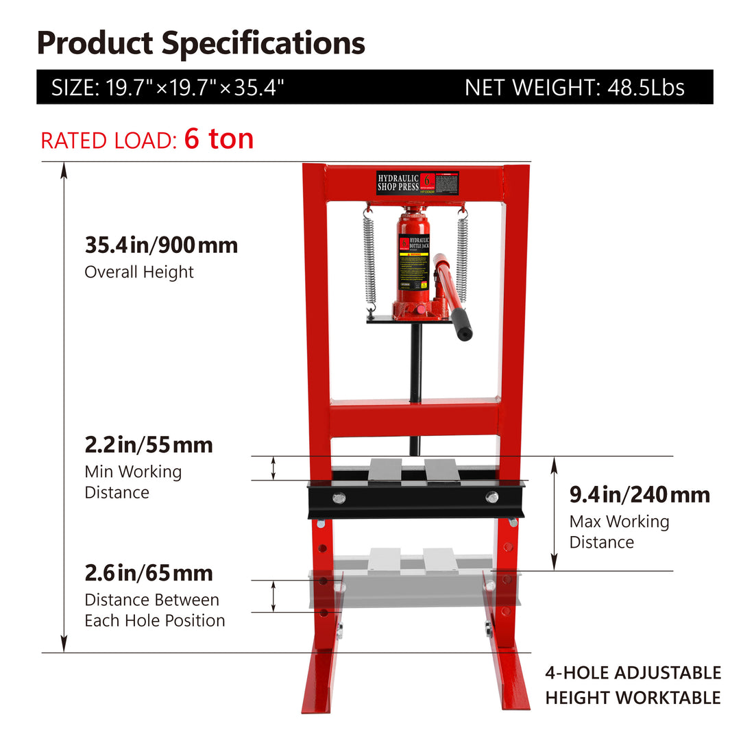 Hydraulic 6 Ton H Frame Garage Floor Adjustable Shop Press With Plates, 6T, Red Red Steel