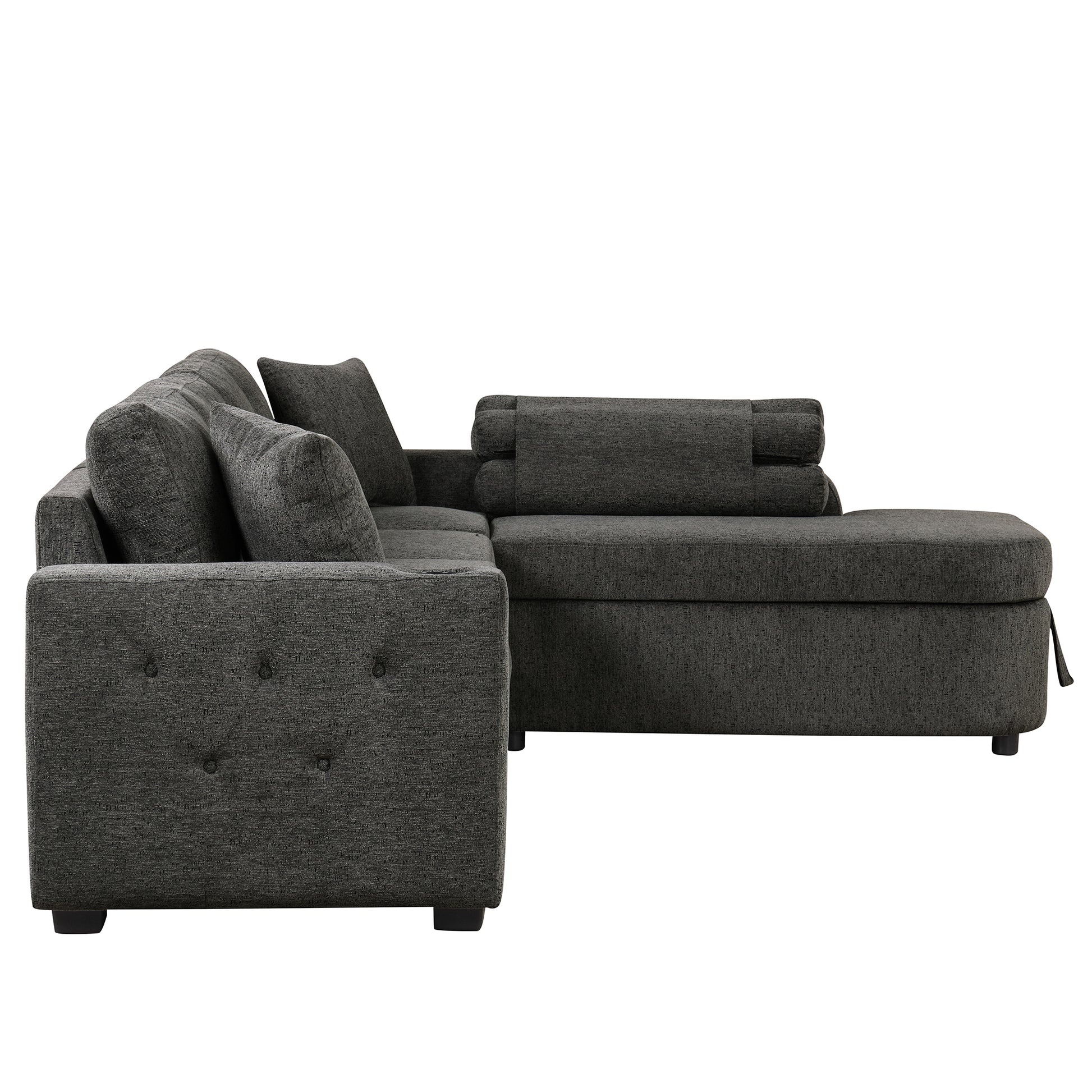 109.8"L Shaped Couch Sectional Sofa With Storage Chaise,Cup Holder And Usb Ports For Living Room, Black Black Foam Chenille 4 Seat