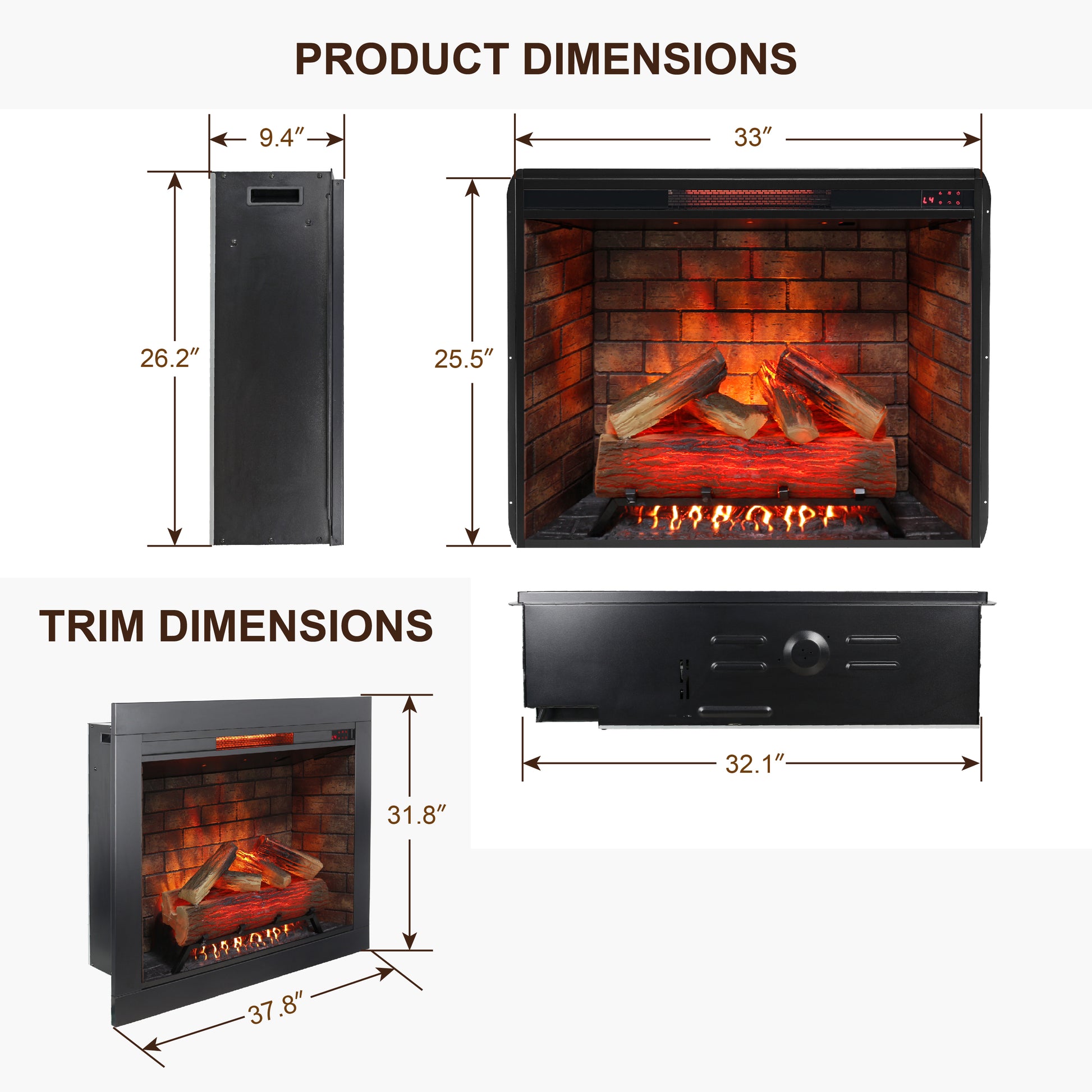 33 Inch Infrared Electric Fireplace Insert, Touch Panel Home Decor Heater, Smokeless Firebox With Trim Kit Powder Coated Electric Antique Black Vent Free Primary Living Space Yes Insert Tempered Glass Sheet Metal Plastic Electric
