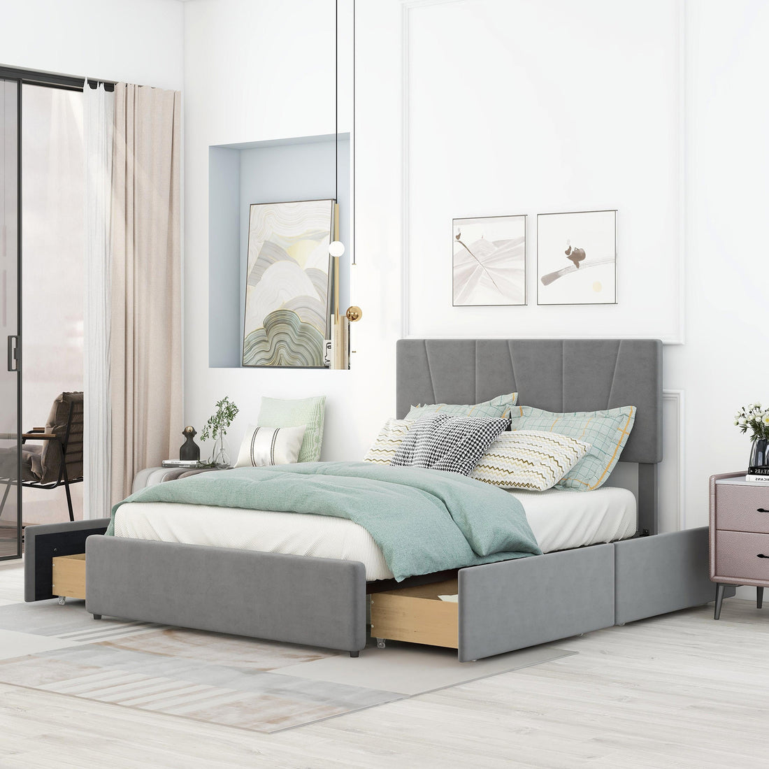 Full Size Upholstery Platform Bed With Four Drawers On Two Sides, Adjustable Headboard, Grey Old Sku: Wf291773Eaa Box Spring Not Required Full Grey Wood Bedroom Velvet Upholstered