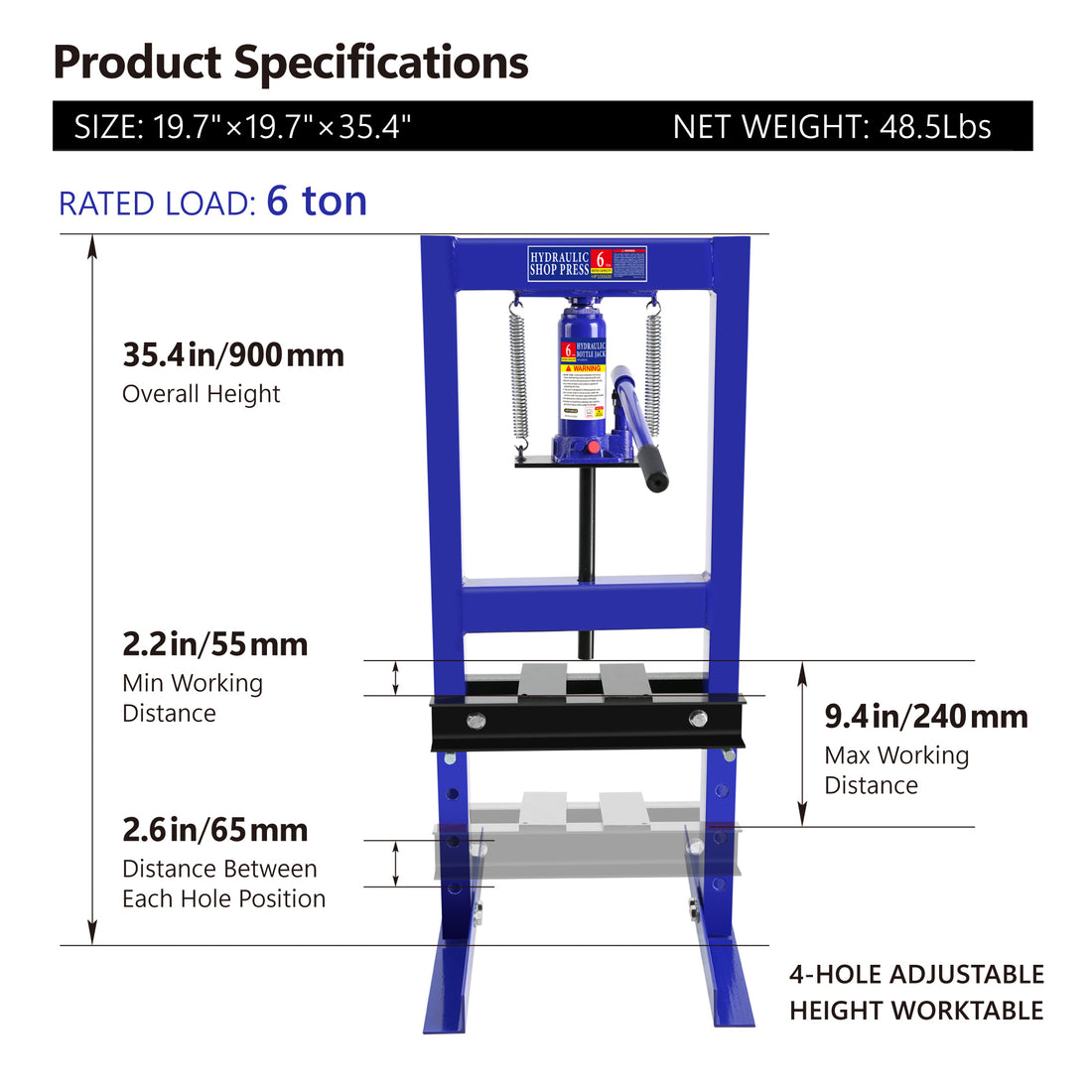 Steel H Frame Hydraulic Shop Press With Stamping Plates To Bend, Straighten, Or Press Parts, Install Bearings And U Joints, 6 Ton Capacity, Blue Blue Steel