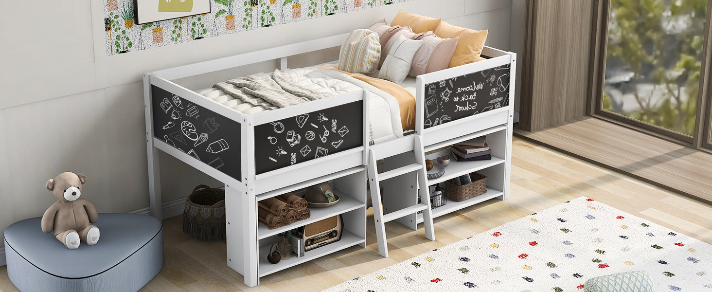 Twin Size Low Loft Bed With Two Movable Shelves And Ladder,With Decorative Guardrail Chalkboard,White Old Sku: Wf283286Aak Box Spring Not Required Twin White Wood Bedroom Pine