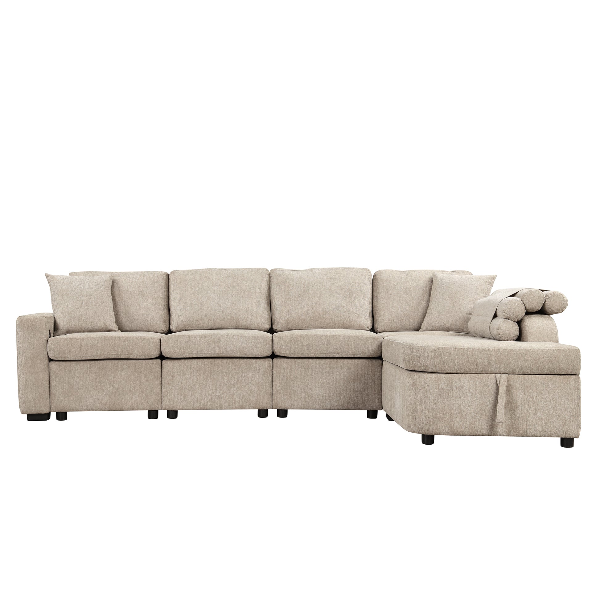 109.8"L Shaped Couch Sectional Sofa With Storage Chaise,Cup Holder And Usb Ports For Living Room, Beige Beige Foam Chenille 4 Seat