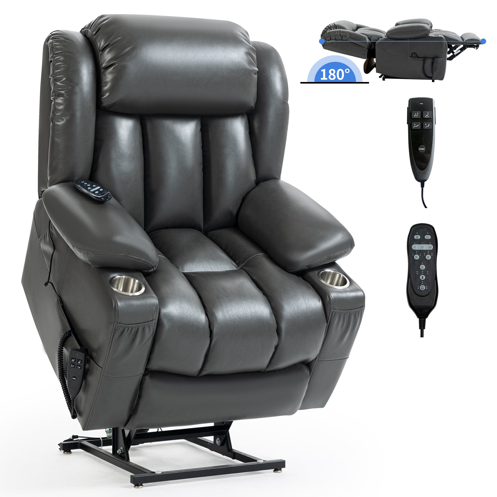 Dual Motor Infinite Position Up To 350 Lbs Leatheraire Power Lift Recliner Chair, Heavy Duty Motion Mechanism With 8 Point Vibration Massage And Lumbar Heating, Stainless Steel Cup Holders, Grey White Metal Primary Living Space Heavy Duty Pine Grey Faux