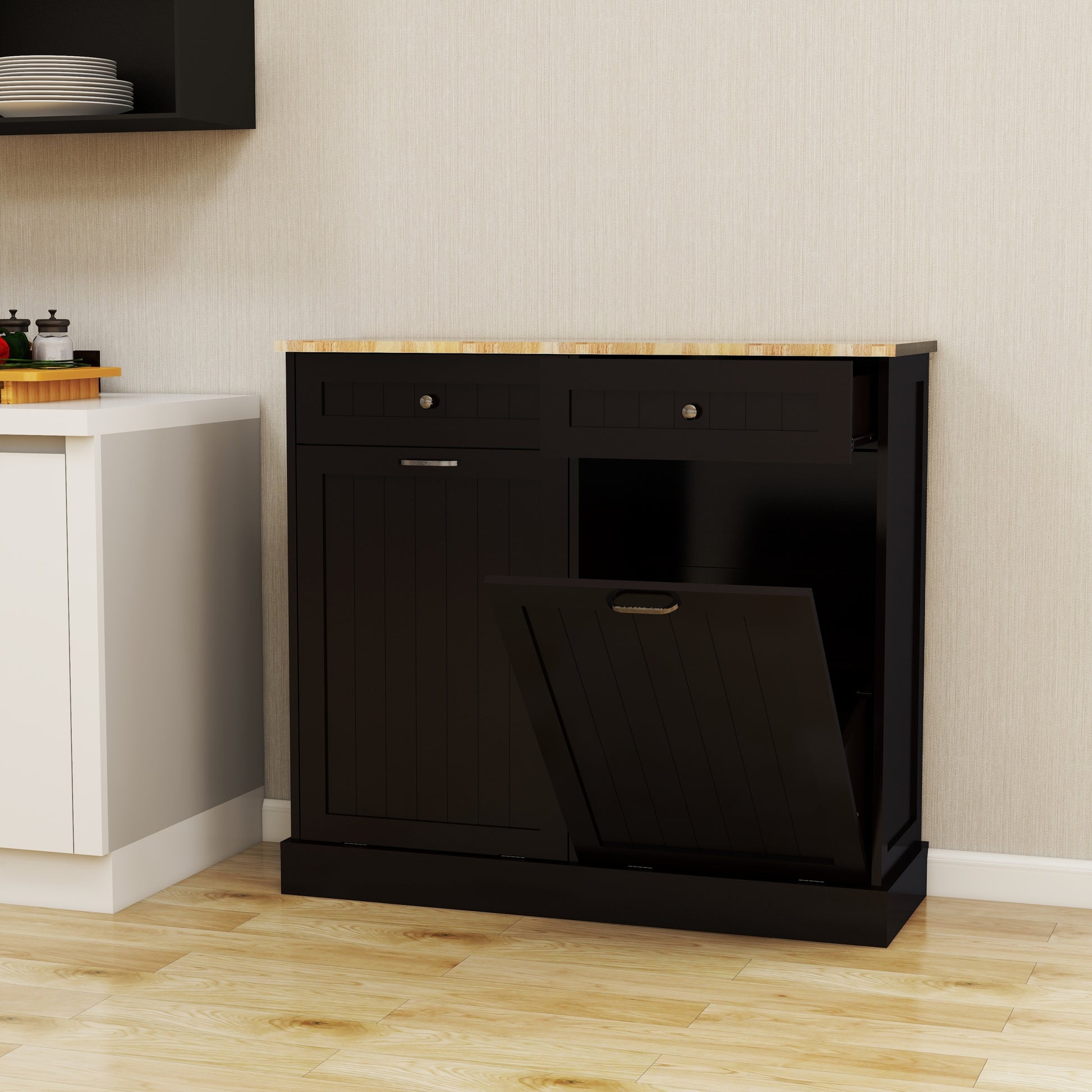 Two Drawers And Two Compartment Tilt Out Trash Cabinet Kitchen Trash Cabinet Black Black Mdf