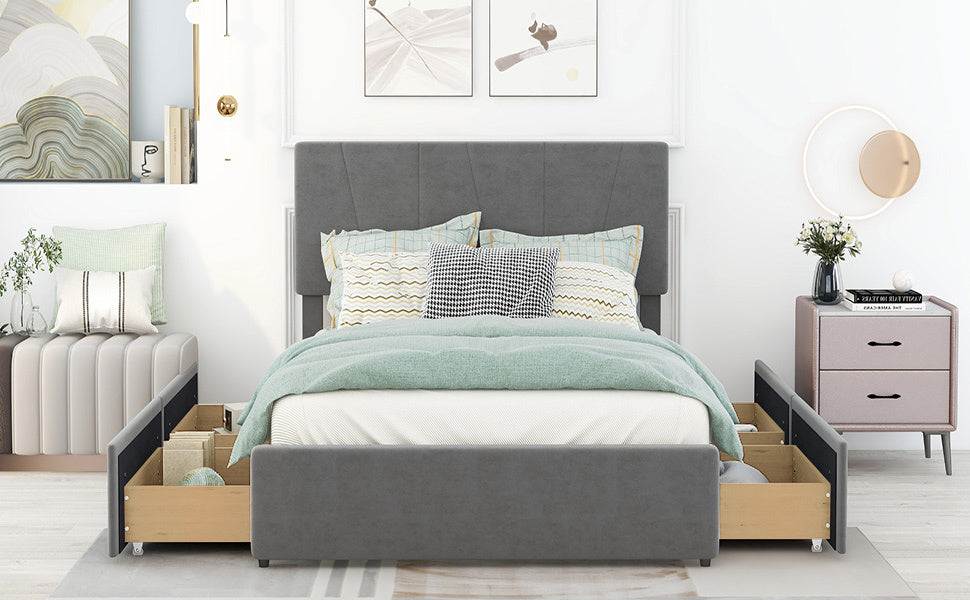 Full Size Upholstery Platform Bed With Four Drawers On Two Sides, Adjustable Headboard, Grey Old Sku: Wf291773Eaa Box Spring Not Required Full Grey Wood Bedroom Velvet Upholstered