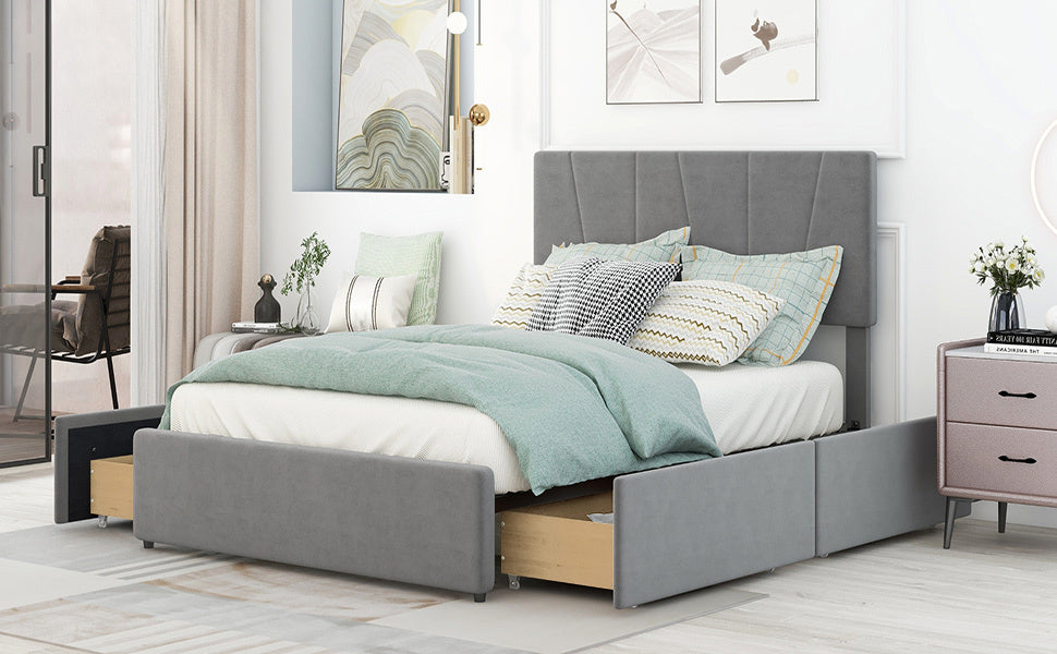 Full Size Upholstery Platform Bed With Four Drawers On Two Sides, Adjustable Headboard, Grey Old Sku: Wf291773Eaa Box Spring Not Required Full Grey Wood Bedroom Velvet Upholstered