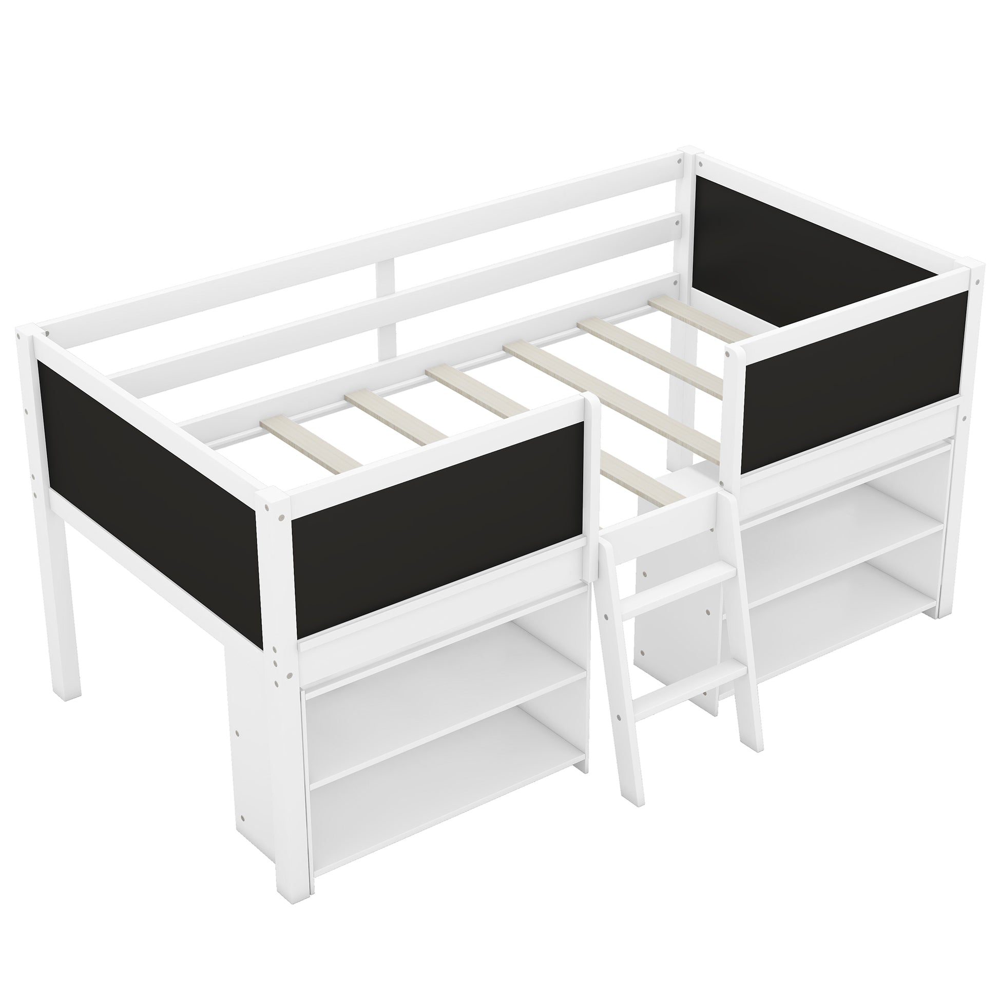 Twin Size Low Loft Bed With Two Movable Shelves And Ladder,With Decorative Guardrail Chalkboard,White Old Sku: Wf283286Aak Box Spring Not Required Twin White Wood Bedroom Pine