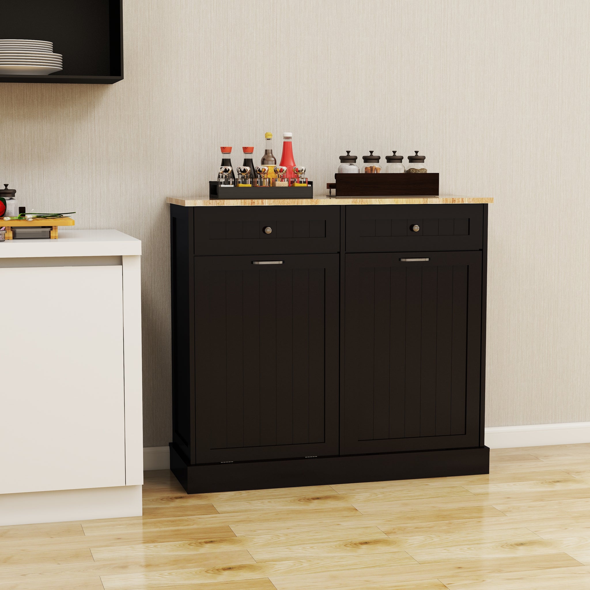 Two Drawers And Two Compartment Tilt Out Trash Cabinet Kitchen Trash Cabinet Black Black Mdf