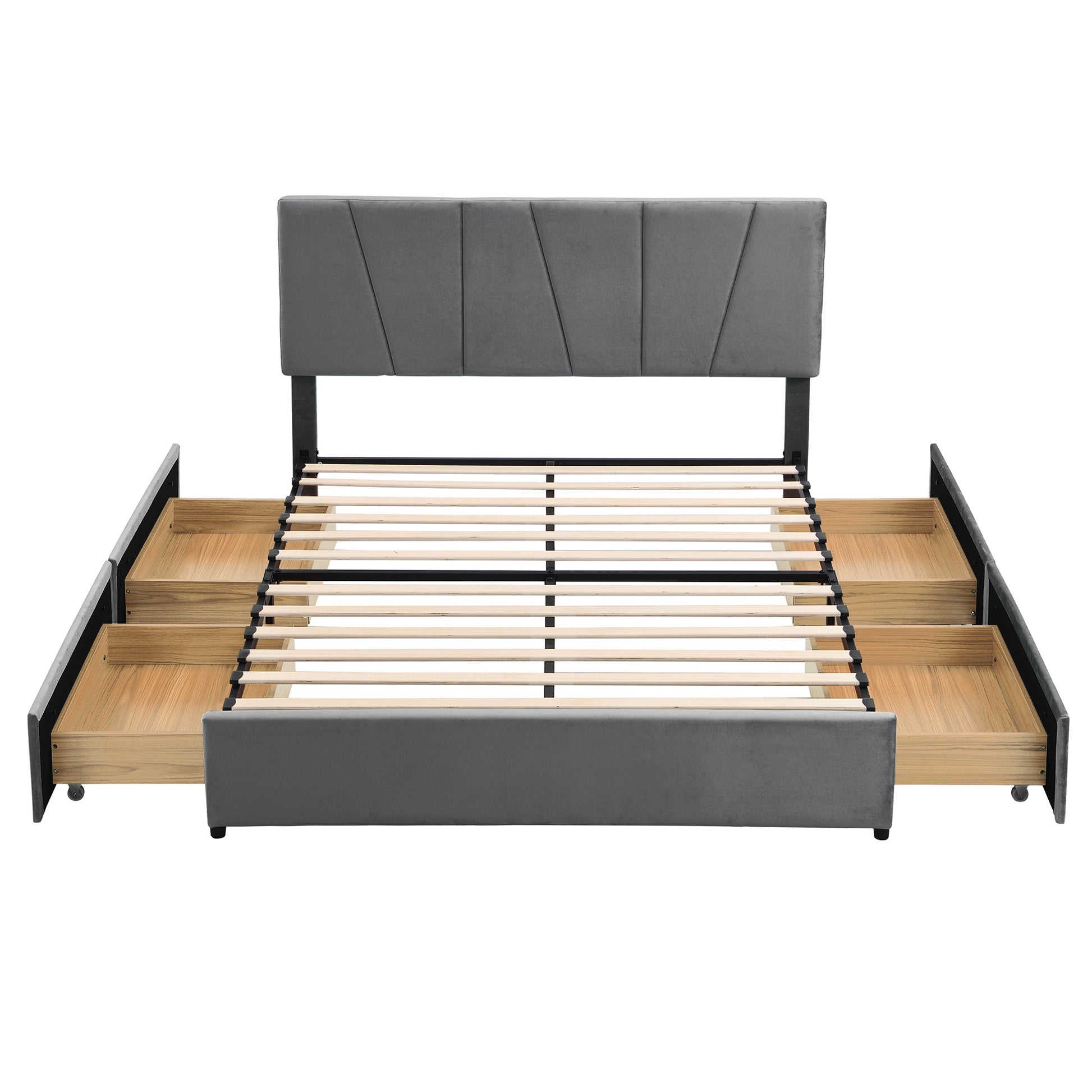 Queen Size Upholstery Platform Bed With Four Drawers On Two Sides, Adjustable Headboard, Grey Old Sku: Wf291774Eaa Box Spring Not Required Queen Grey Wood Bedroom Bed Frame Velvet Upholstered