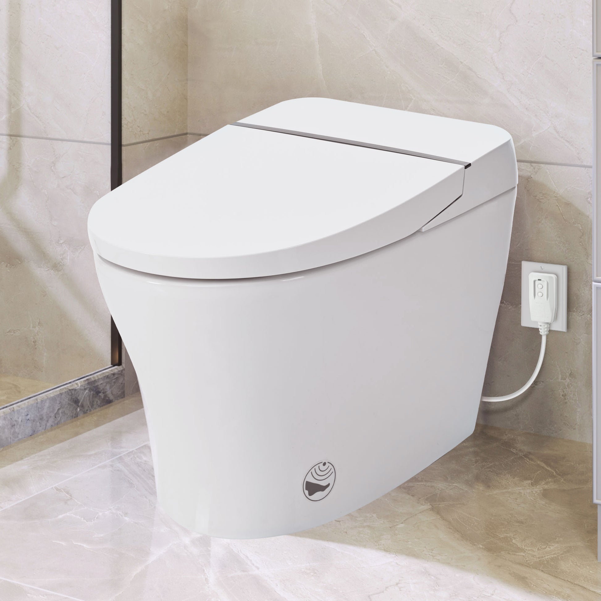 Heated Seat Smart Toilet Without Bidet, Upmarket Compact Dual Flush Toilet 1 1.28 Gpf, Tank Less Toilet With Adjustable Temp Heated Seat, Foot Sensor Flush, White Night Light, Knob Control, Power Out White Ceramic