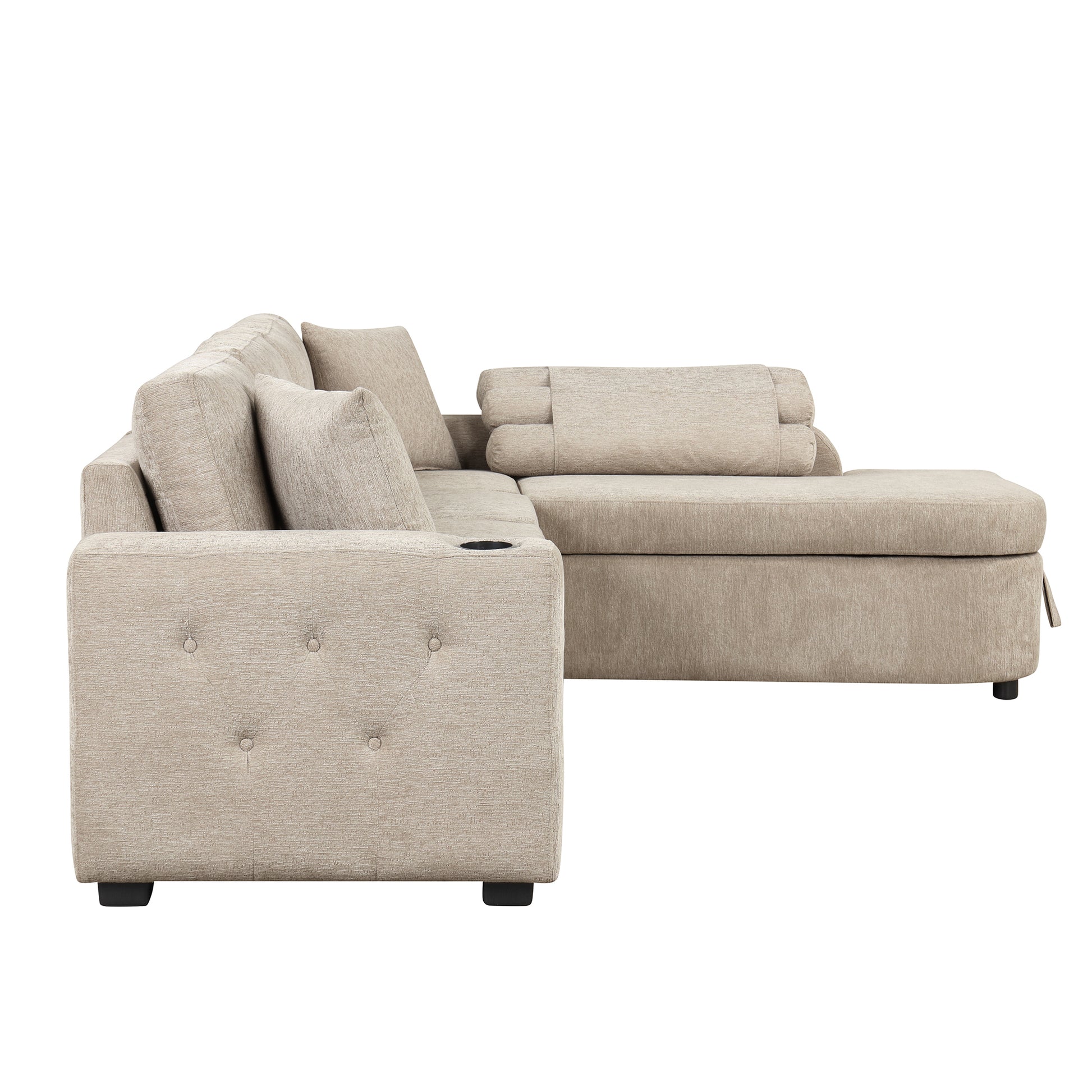 109.8"L Shaped Couch Sectional Sofa With Storage Chaise,Cup Holder And Usb Ports For Living Room, Beige Beige Foam Chenille 4 Seat