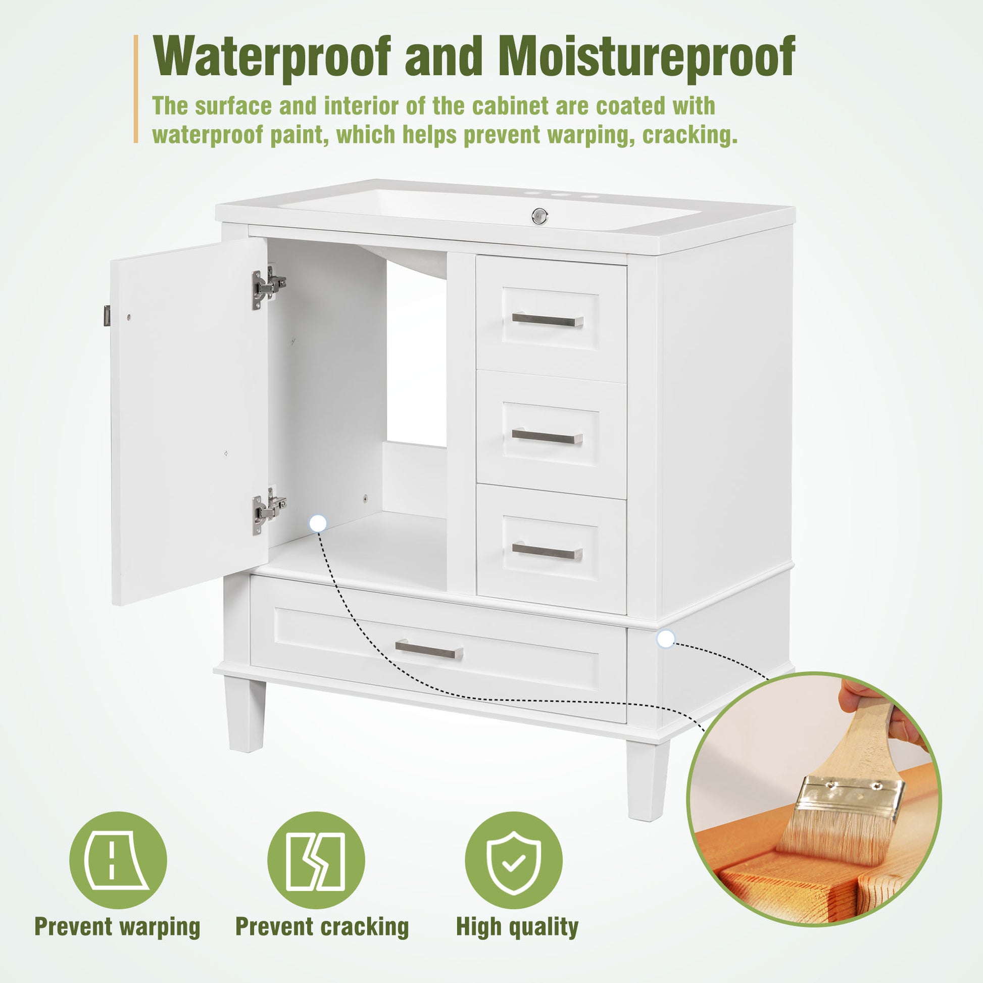 30" Bathroom Vanitymodern Bathroom Cabinet With Sink Combo Set, Bathroom Storage Cabinet With A Soft Closing Door And 3 Drawers, Solid Wood Frame Resin Basin White Solid Wood Mdf