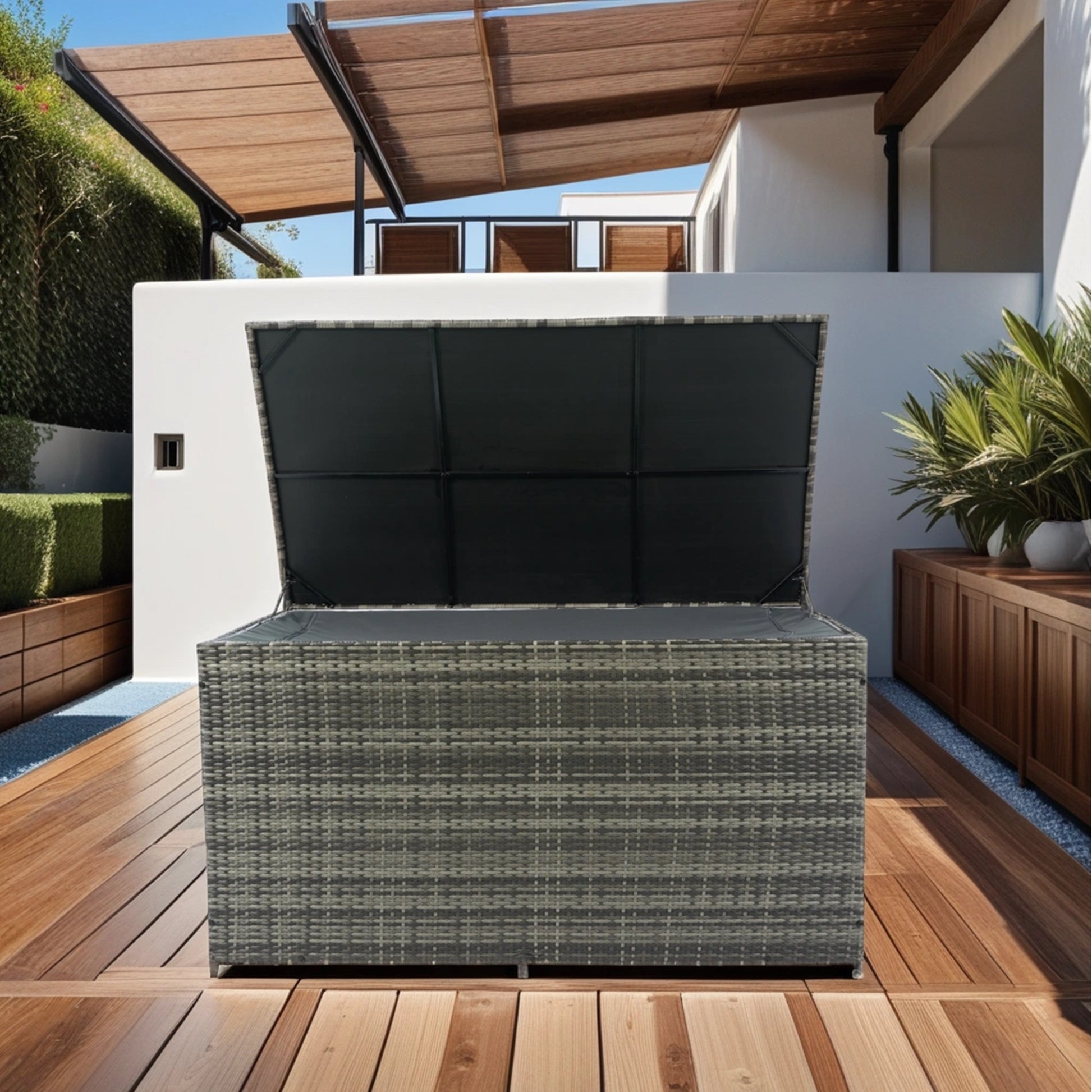 Outdoor Storage Box, 200 Gallon Wicker Patio Deck Boxes With Lid, Outdoor Cushion Storage For Kids Toys, Pillows, Towel Grey Modern Pe Rattan Iron Waterproof Fabric