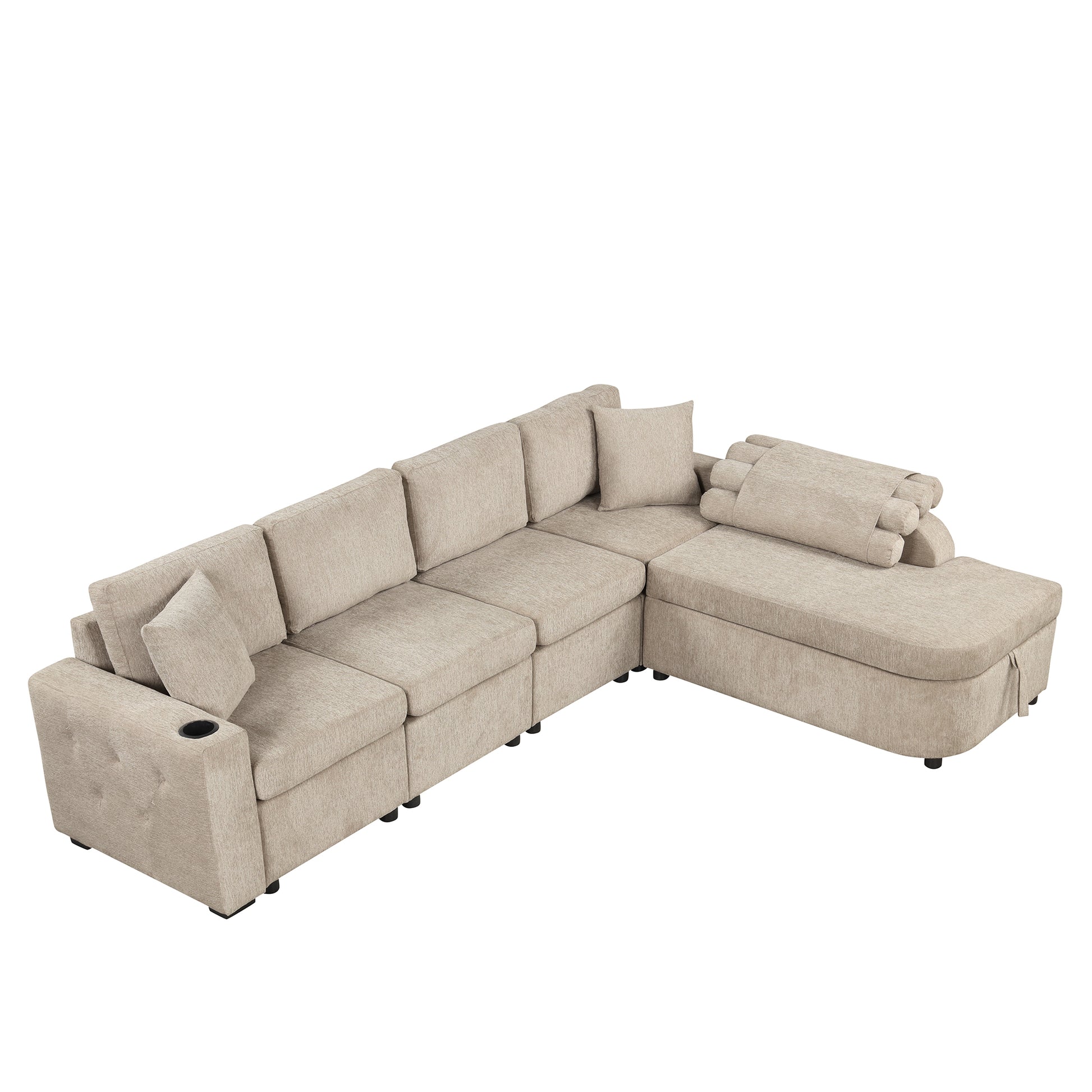 109.8"L Shaped Couch Sectional Sofa With Storage Chaise,Cup Holder And Usb Ports For Living Room, Beige Beige Foam Chenille 4 Seat