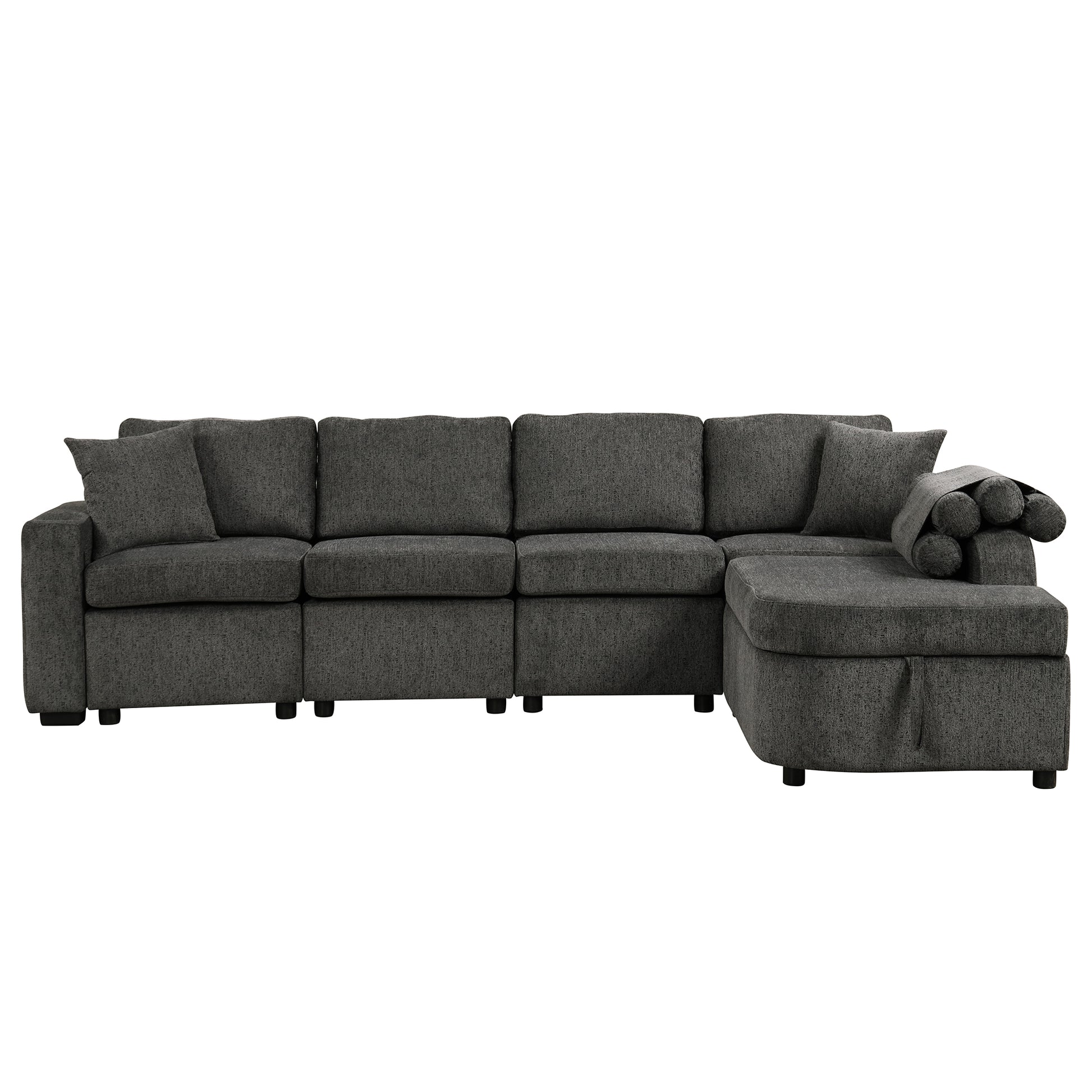 109.8"L Shaped Couch Sectional Sofa With Storage Chaise,Cup Holder And Usb Ports For Living Room, Black Black Foam Chenille 4 Seat