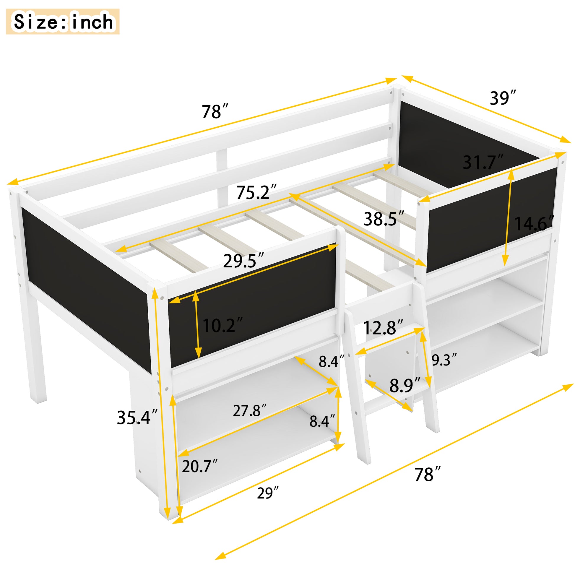 Twin Size Low Loft Bed With Two Movable Shelves And Ladder,With Decorative Guardrail Chalkboard,White Old Sku: Wf283286Aak Box Spring Not Required Twin White Wood Bedroom Pine