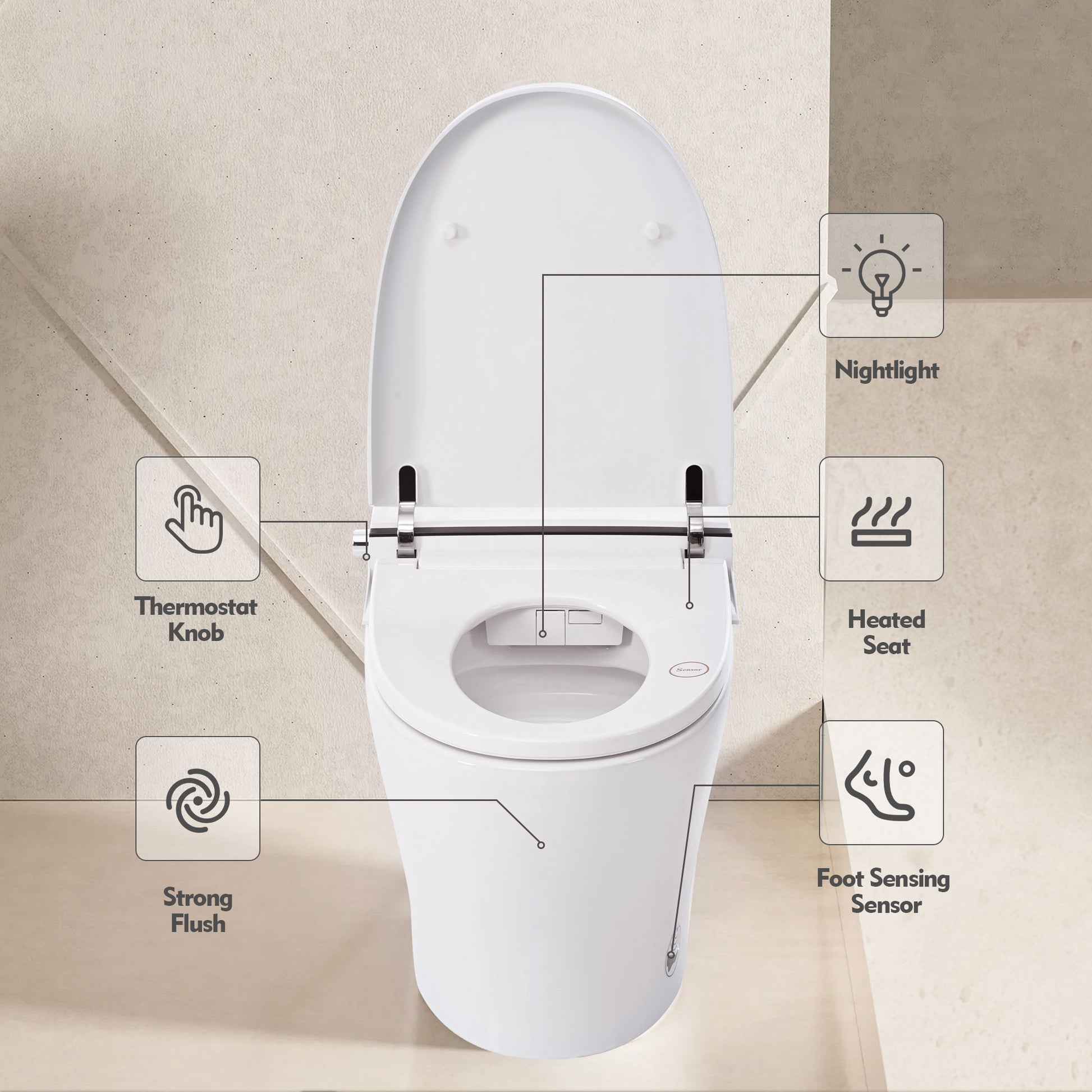 Heated Seat Smart Toilet Without Bidet, Upmarket Compact Dual Flush Toilet 1 1.28 Gpf, Tank Less Toilet With Adjustable Temp Heated Seat, Foot Sensor Flush, White Night Light, Knob Control, Power Out White Ceramic