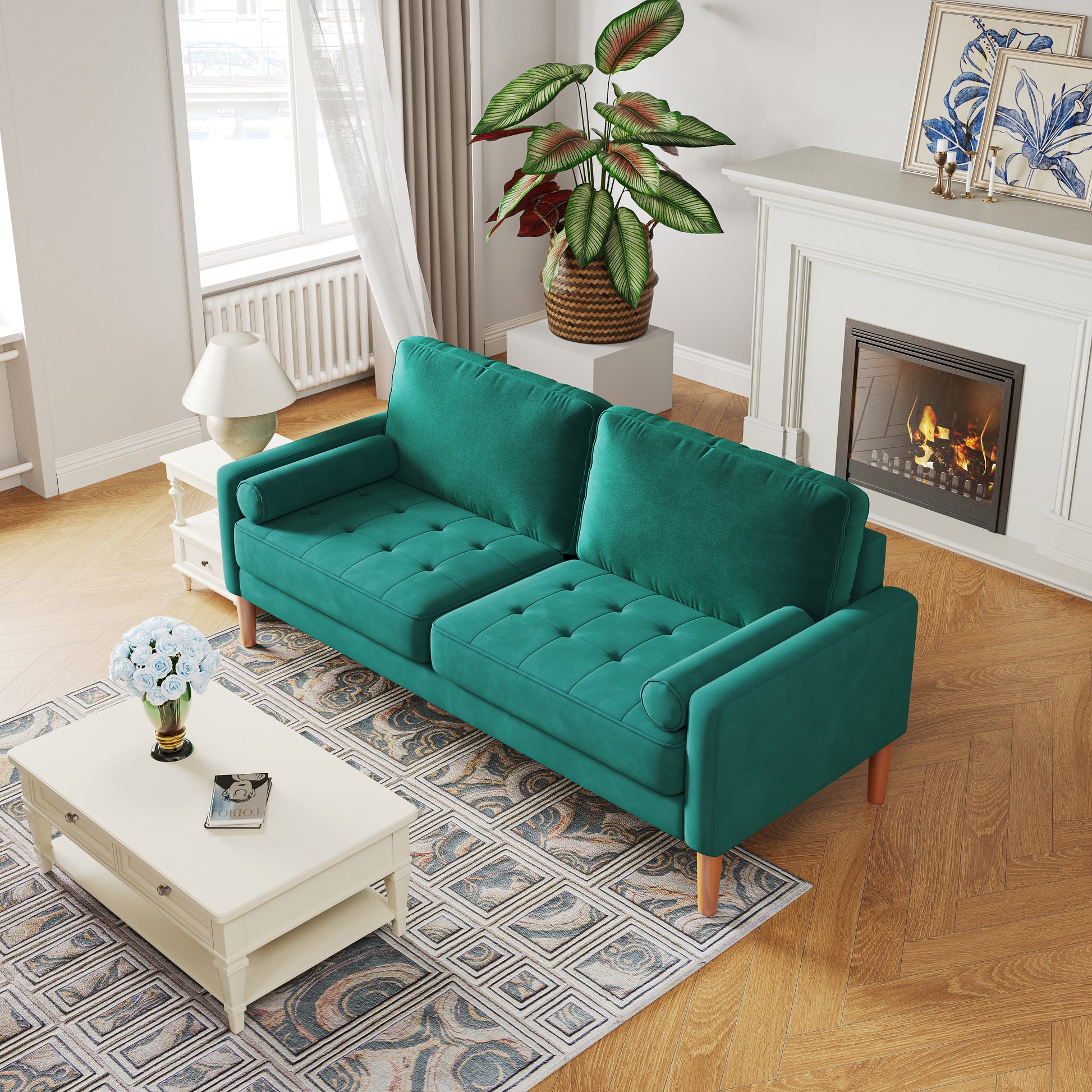 Jos 67.7'' 3 Seater Sofa Couch For Living Room, Modern Sofa,Small Couches For Small Spaces,Upholstered 3 Seater Couch For Bedroom, Apartment, Home Office, Tool Free Assembly,Green Green Velvet Wood Bedroom Soft Cotton Fabric 3 Seat