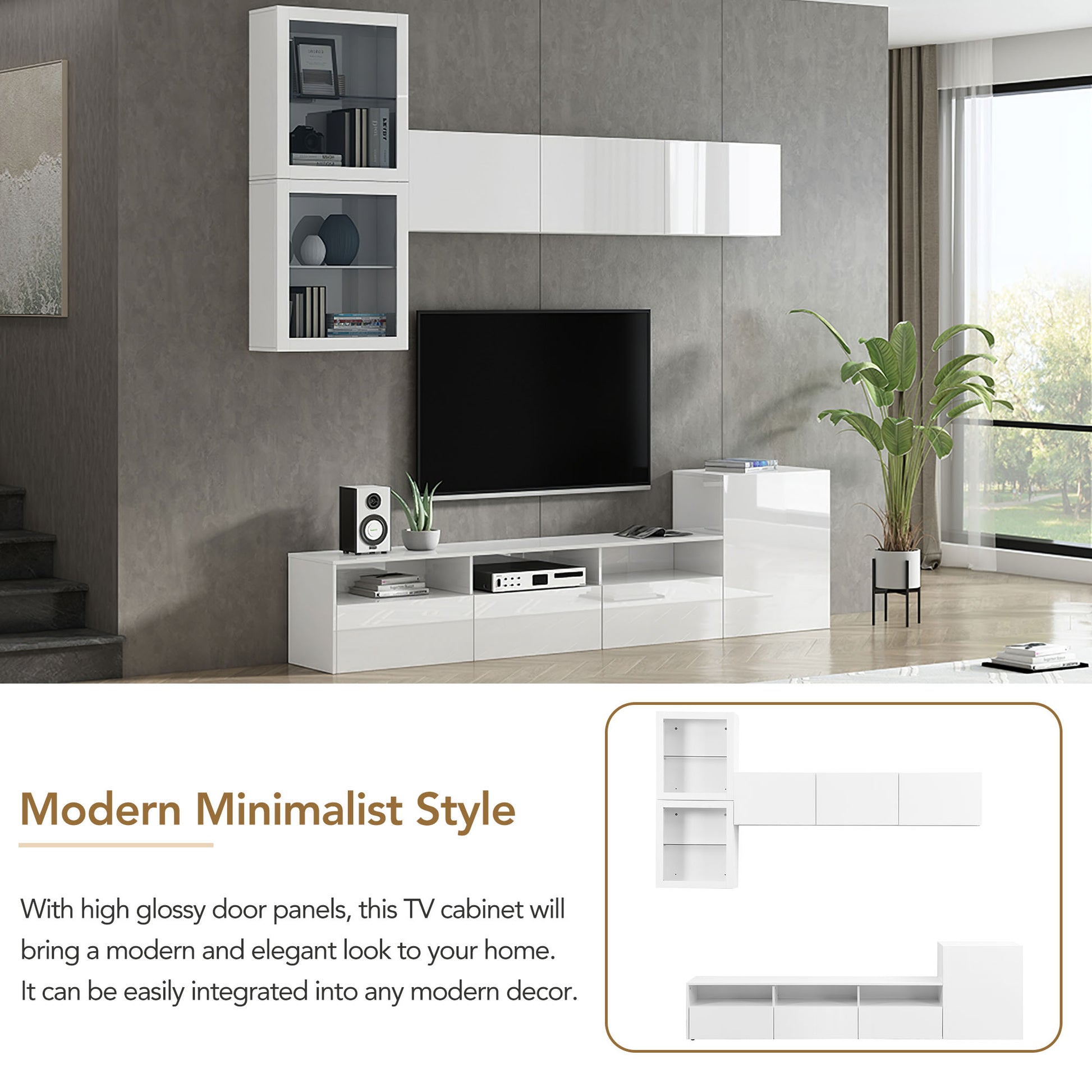 High Gloss Tv Stand With Large Storage Space, Media Console For Tvs Up To 78", Versatile Entertainment Center With Wall Mounted Floating Storage Cabinets For Living Room, White White Primary Living Space 70 79 Inches 70 79 Inches Mdf