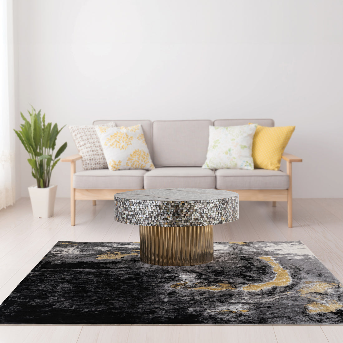 T 1207 32 Coffee Table Finished With Mother Of Pearl Top Antique Brass Primary Living Space Modern Round Open Storage Coffee & End Tables Glossy Stainless Steel