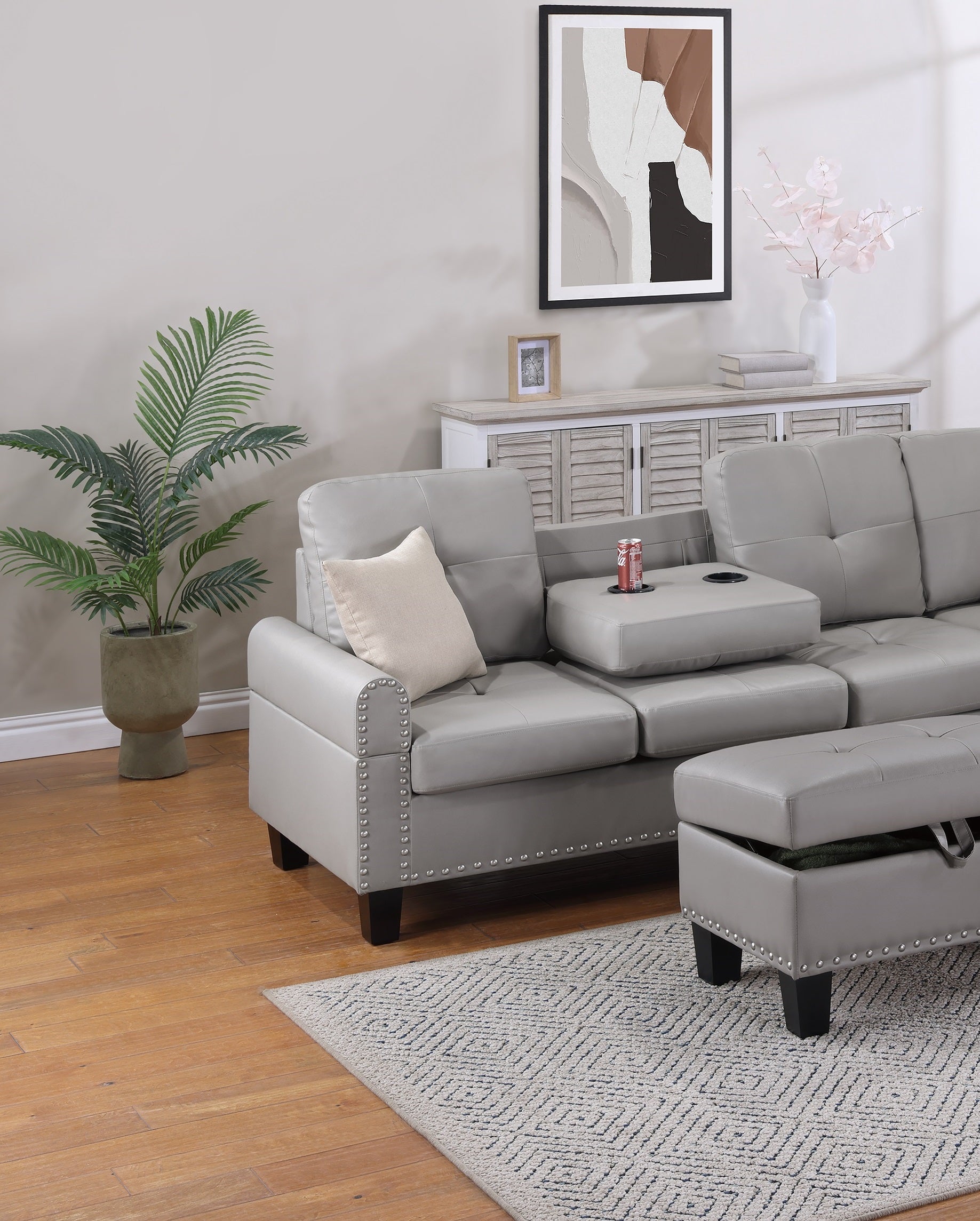 Grey Faux Leather Living Room Furniture 3 Pcs Sectional Sofa Set Laf Sofa Raf Chaise And Storage Ottoman Cup Holder Couch Grey Primary Living Space Contemporary,Modern,Transitional L Shaped Rubberwood Faux Leather 5 Seat