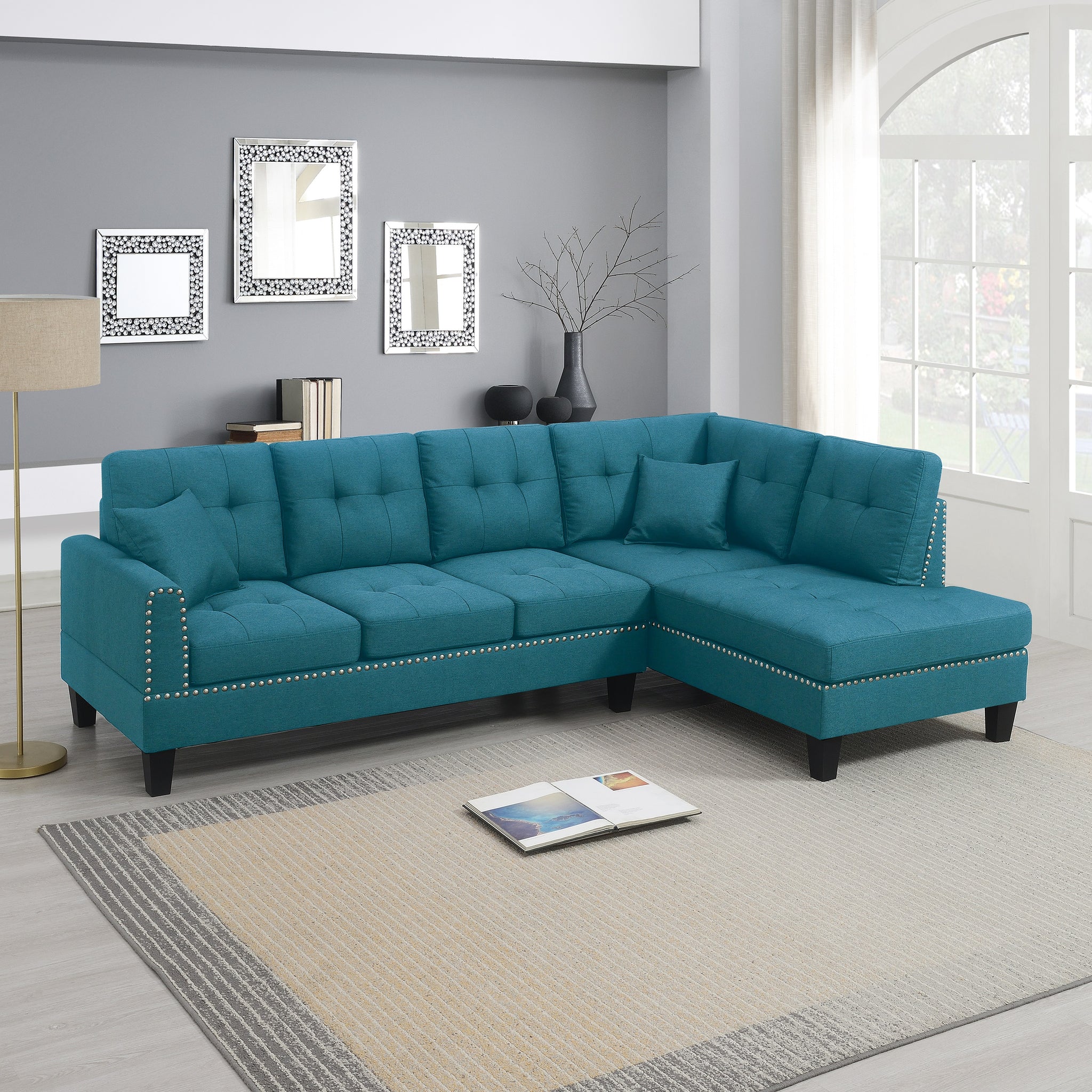 2 Pcs Sectional Set Living Room Furniture Laf Sofa And Raf Chaise Azure Blue Color Linen Like Fabric Tufted Couch Blue Primary Living Space Contemporary,Modern,Transitional L Shaped Rubberwood Fabric 5 Seat