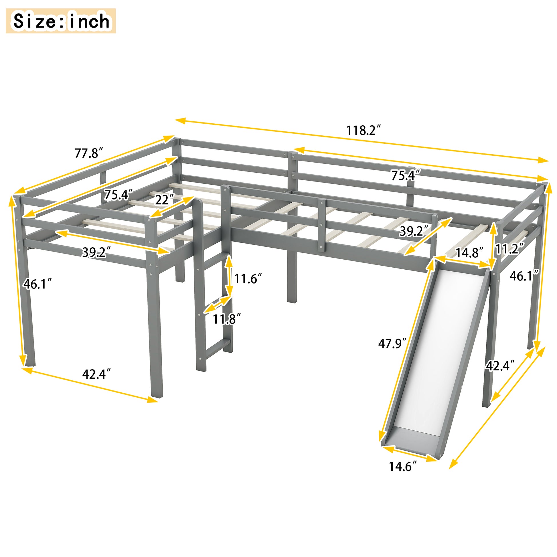 L Shaped Twin Size Loft Bed With Ladder And Slide, Gray Gray Solid Wood Mdf