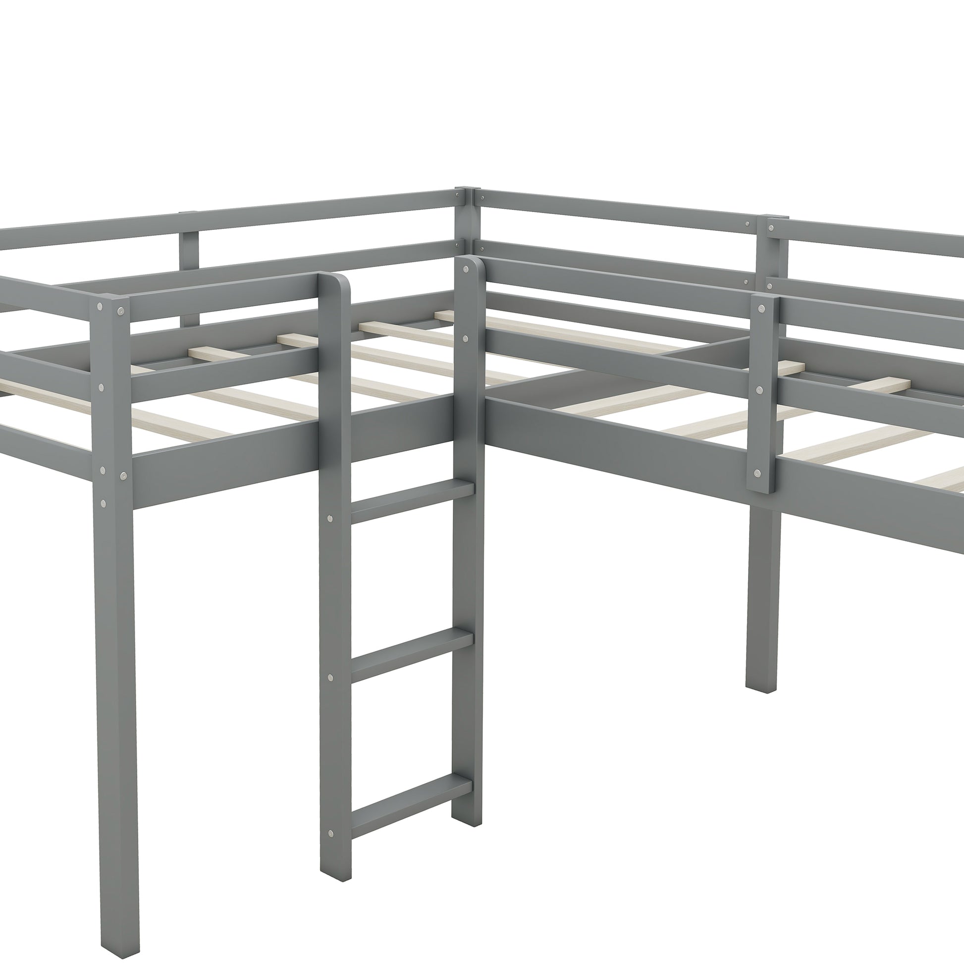 L Shaped Twin Size Loft Bed With Ladder And Slide, Gray Gray Solid Wood Mdf