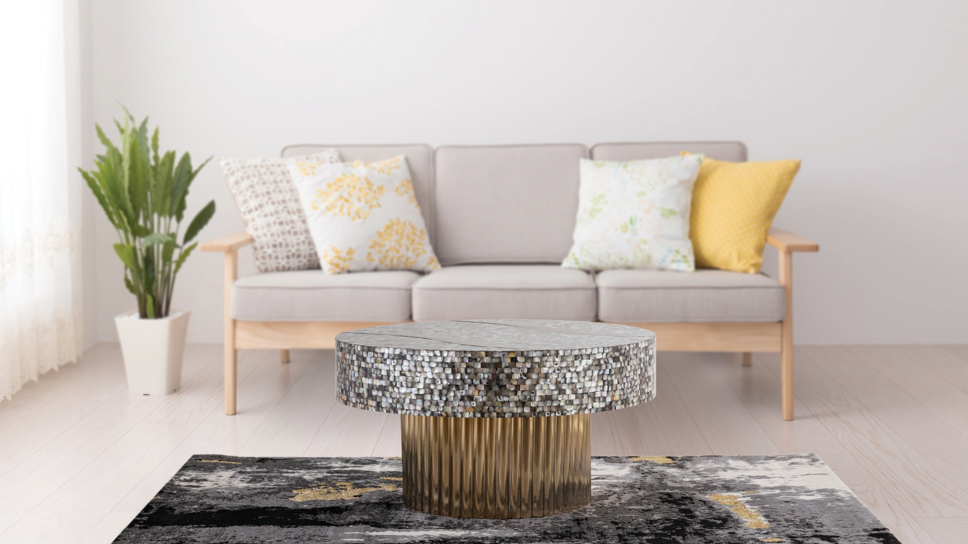 T 1207 32 Coffee Table Finished With Mother Of Pearl Top Antique Brass Primary Living Space Modern Round Open Storage Coffee & End Tables Glossy Stainless Steel