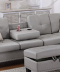 Grey Faux Leather Living Room Furniture 3 Pcs Sectional Sofa Set Laf Sofa Raf Chaise And Storage Ottoman Cup Holder Couch Grey Primary Living Space Contemporary,Modern,Transitional L Shaped Rubberwood Faux Leather 5 Seat