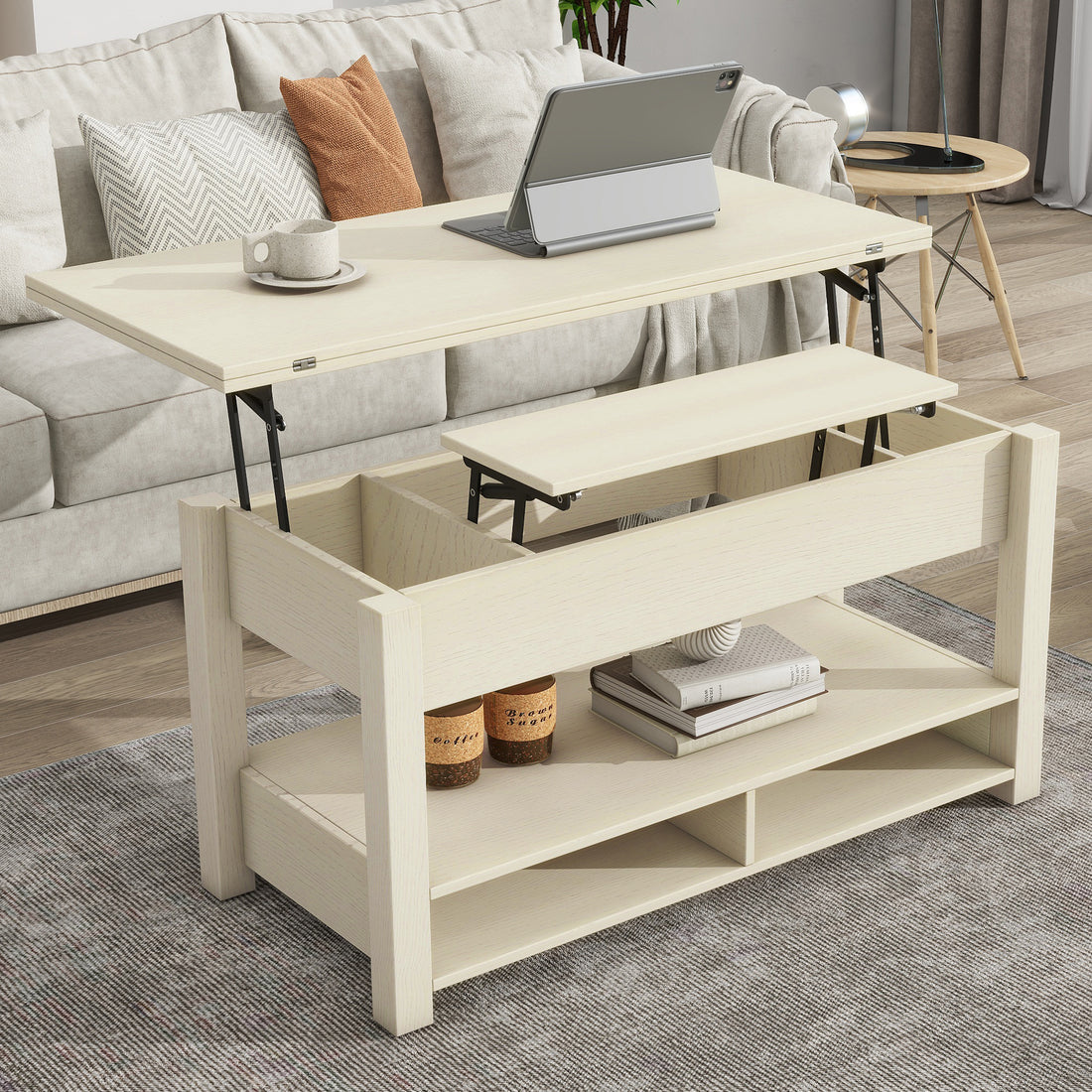 Lift Top Coffee Table, Multi Functional Coffee Table With Open Shelves, Modern Lift Tabletop Dining Table For Living Room, Home Office, Rustic Ivory Ivory Primary Living Space Particle Board