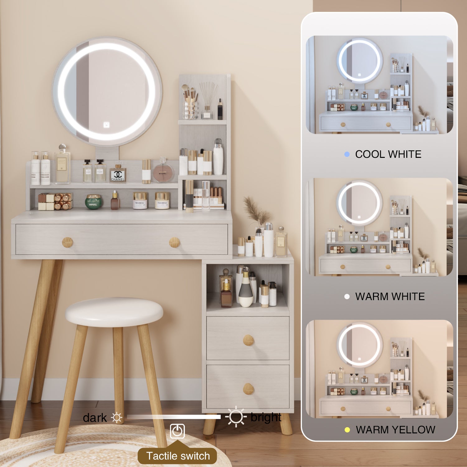 Round Mirror Bedside Cabinet Vanity Table Cushioned Stool, 17" Diameter Led Mirror, Touch Control, 3 Color, Brightness Adjustable, Large Desktop, Right Bedside Cabinet, Multi Layer Storage White Oak Mdf