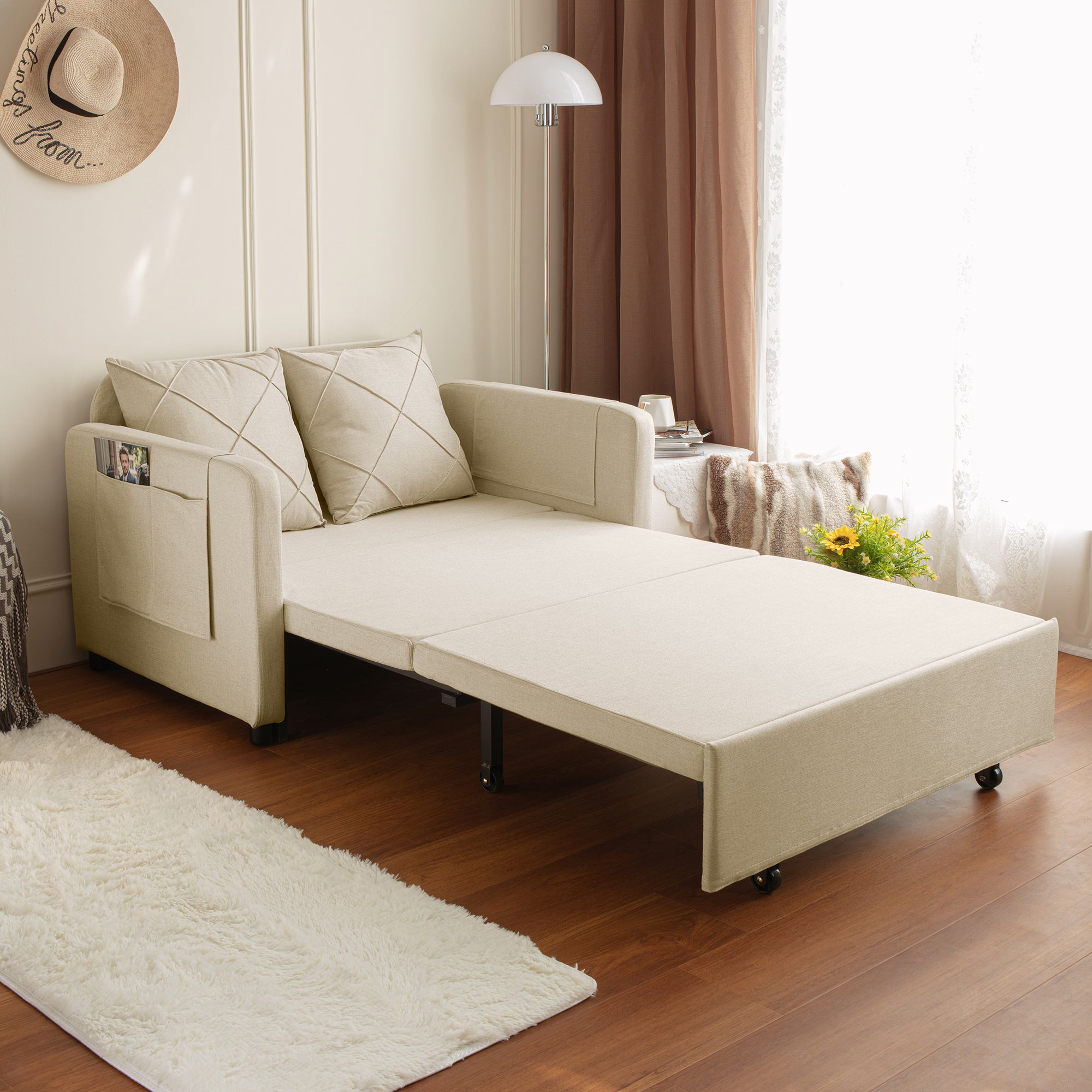 VIDEO provided Modern Love Seat Futon Sofa Bed with beige-foam