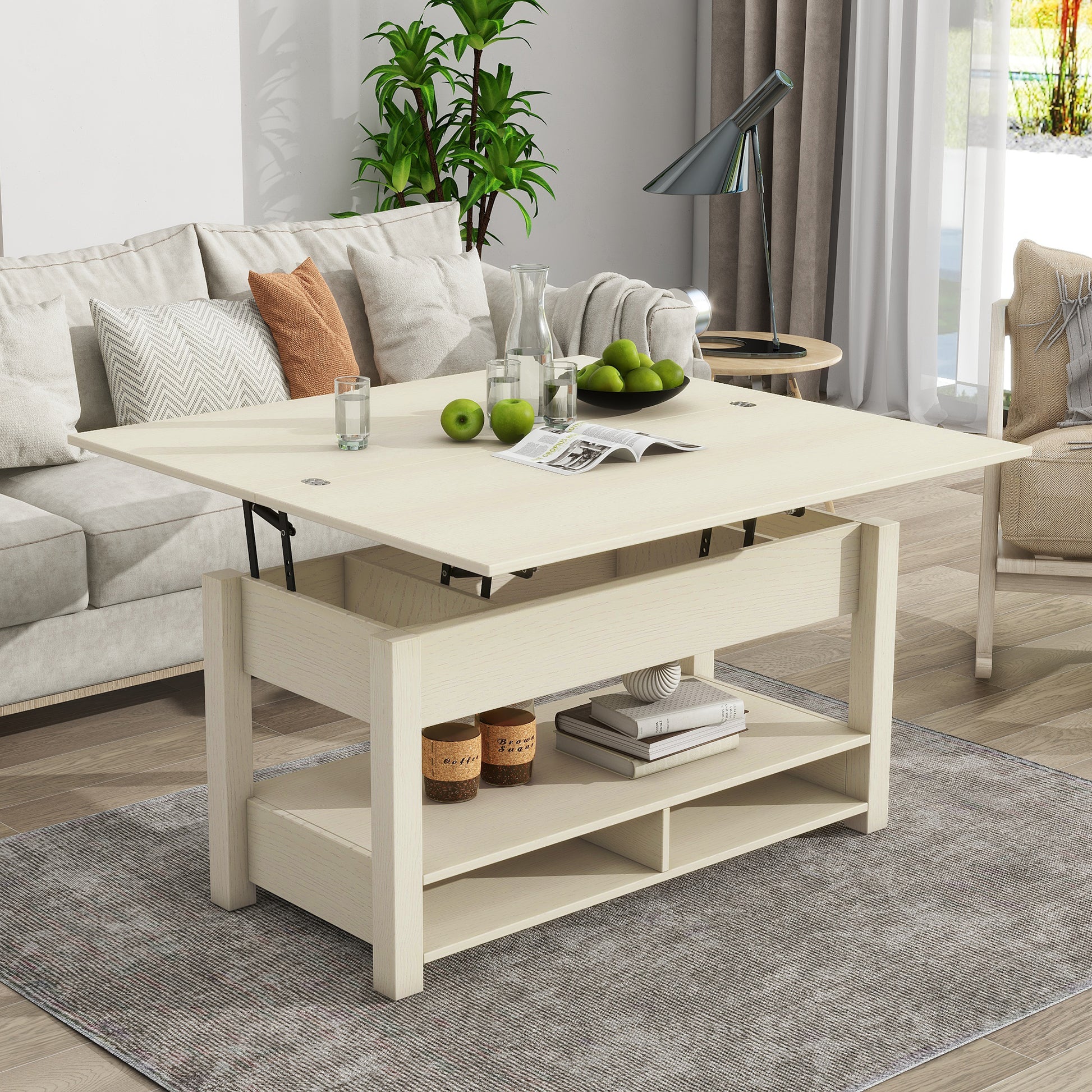 Lift Top Coffee Table, Multi Functional Coffee Table With Open Shelves, Modern Lift Tabletop Dining Table For Living Room, Home Office, Rustic Ivory Ivory Primary Living Space Particle Board