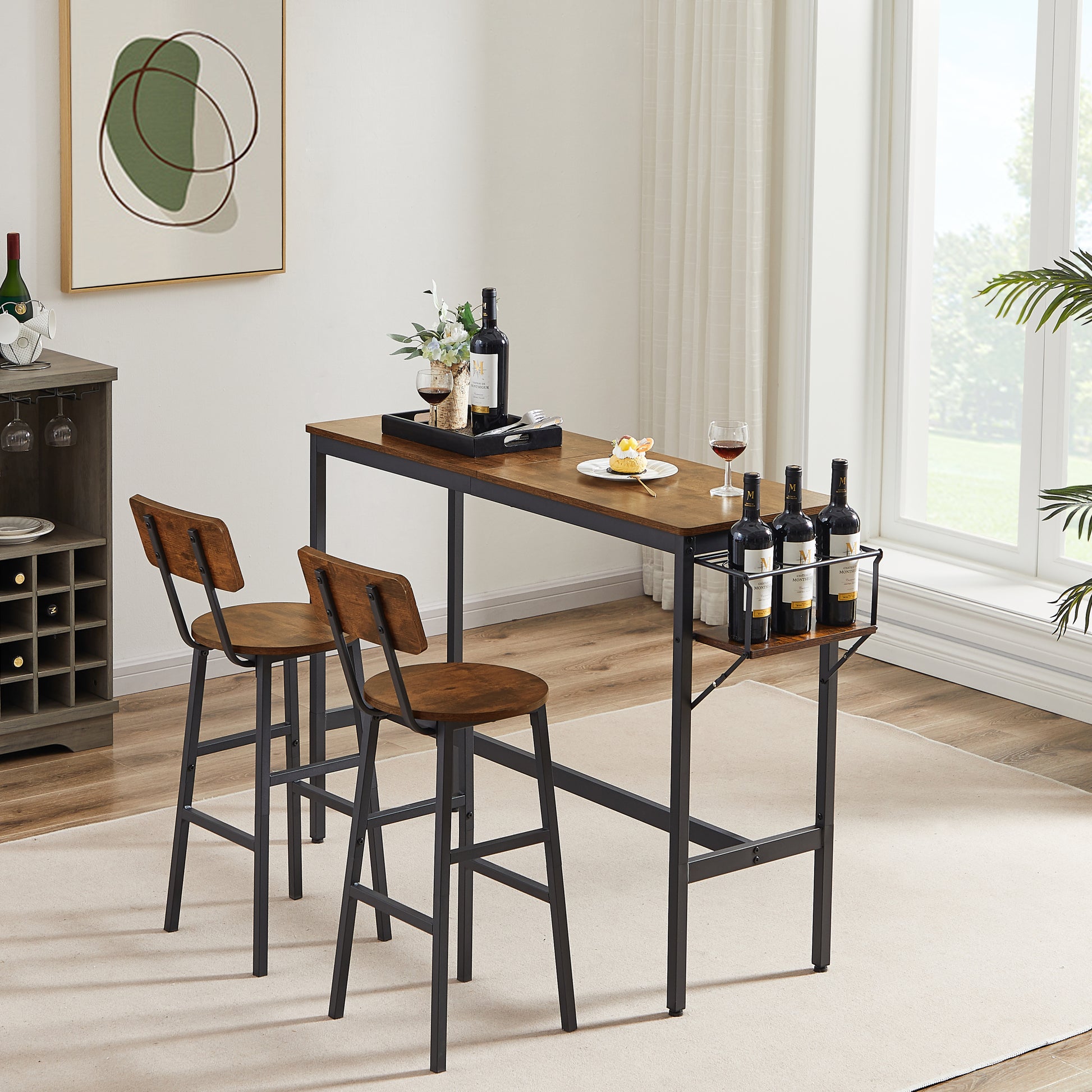 Bar Table Set With Wine Bottle Storage Rack. Rustic Brown, 47.24'' L X 15.75'' W X 35.43'' H. Rustic Brown Particle Board