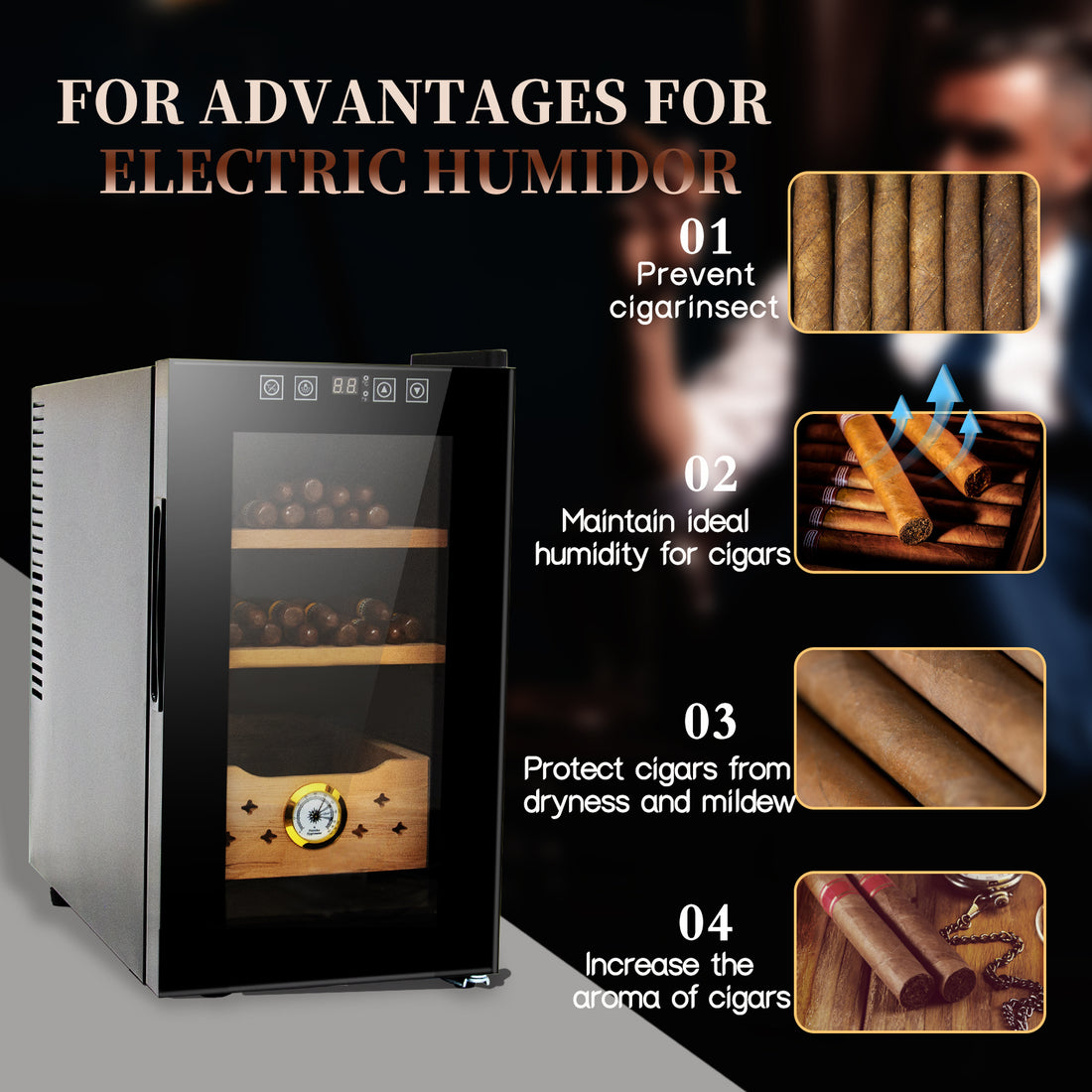 25L Humidors With Cooling And Heating Function150Counts Capacity Humidor Humidifiers With Constant Temperature Controller, Father'S Day Gift For Men Black Steel