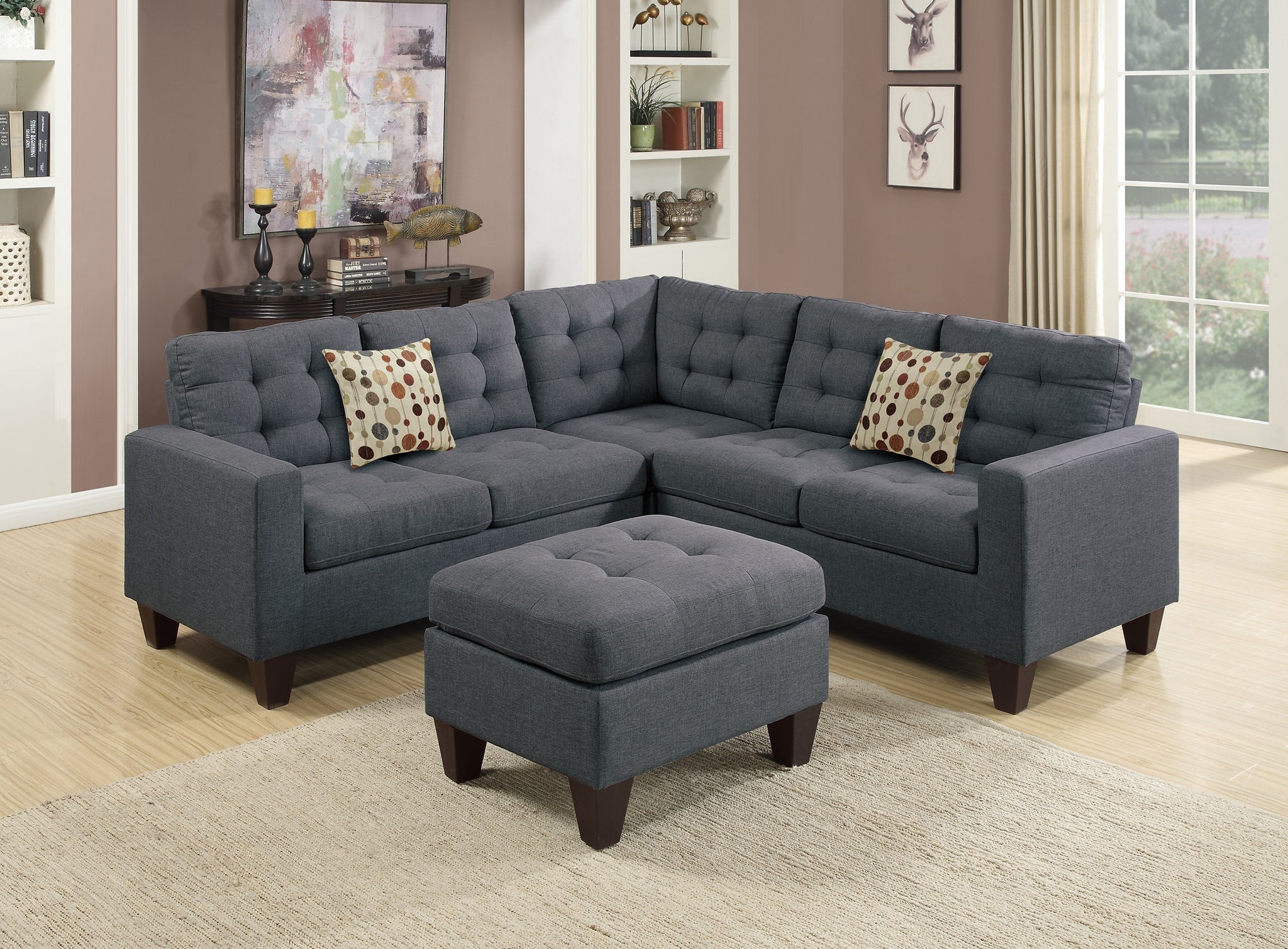 Modular Sectional W Ottoman Blue Grey Polyfiber 4Pcs Sectional Sofa Laf And Raf Loveseat Corner Wedge Ottoman Tufted Cushion Couch Blue Grey Primary Living Space Tufted Back Classic,Contemporary,Modern Modular Rubberwood Fabric 5 Seat