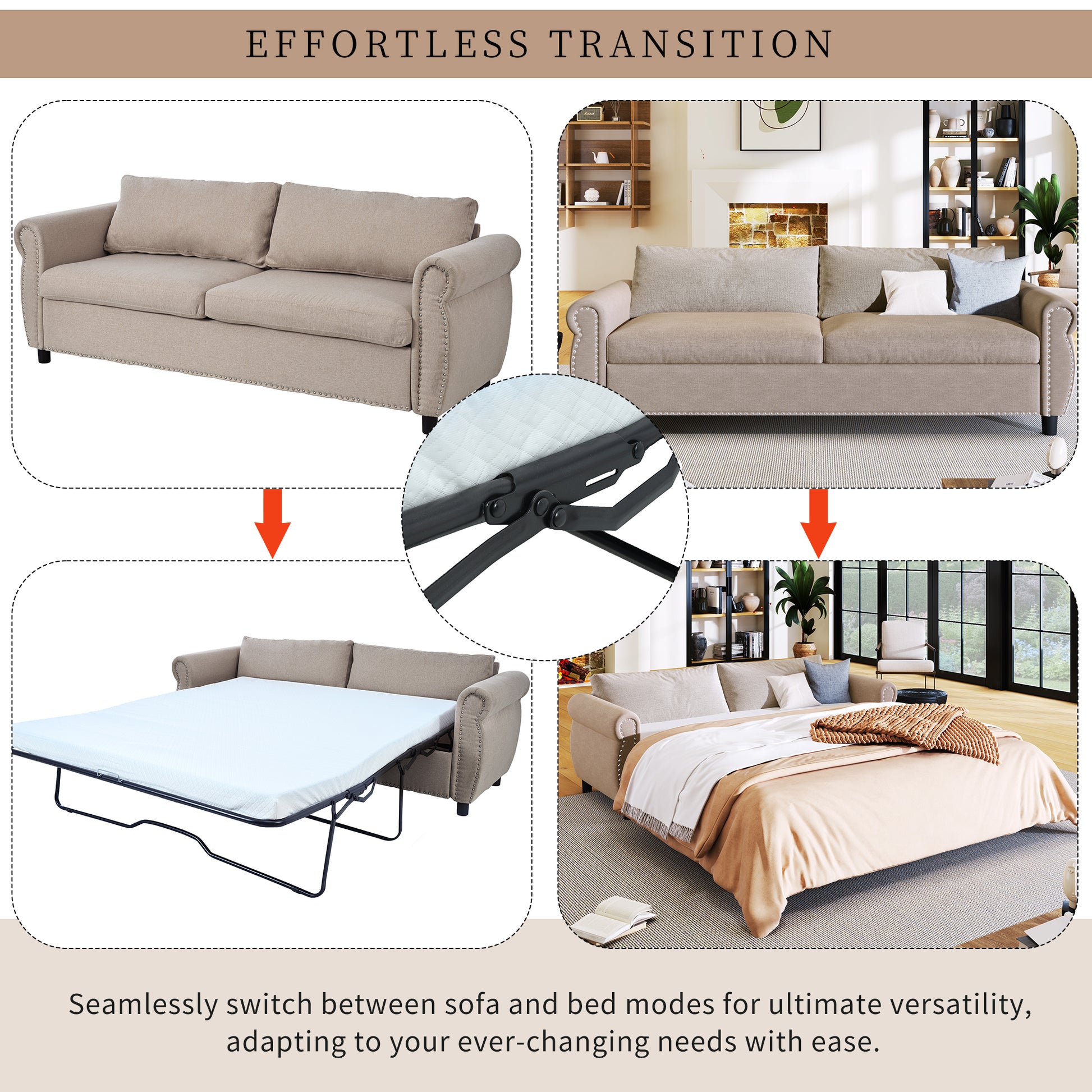 80.7'' 2 In 1 Sofa Bed Sleeper With Large Mattress 63''*70.9*3.3 Inch , For Living Room Spaces Bedroom Beige Polyester