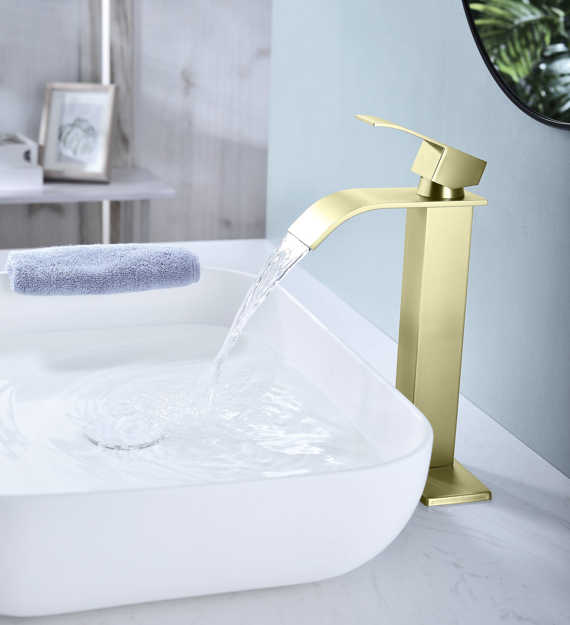 Waterfall Spout Bathroom Faucet,Single Handle Bathroom Vanity Sink Faucet Brushed Gold Stainless Steel