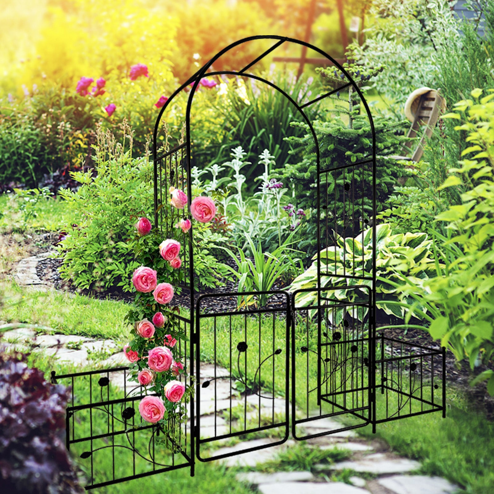 Metal Garden Arch With Gate 79.5'' Wide X 86.6'' High Climbing Plants Support Rose Arch Outdoor Black Black Iron