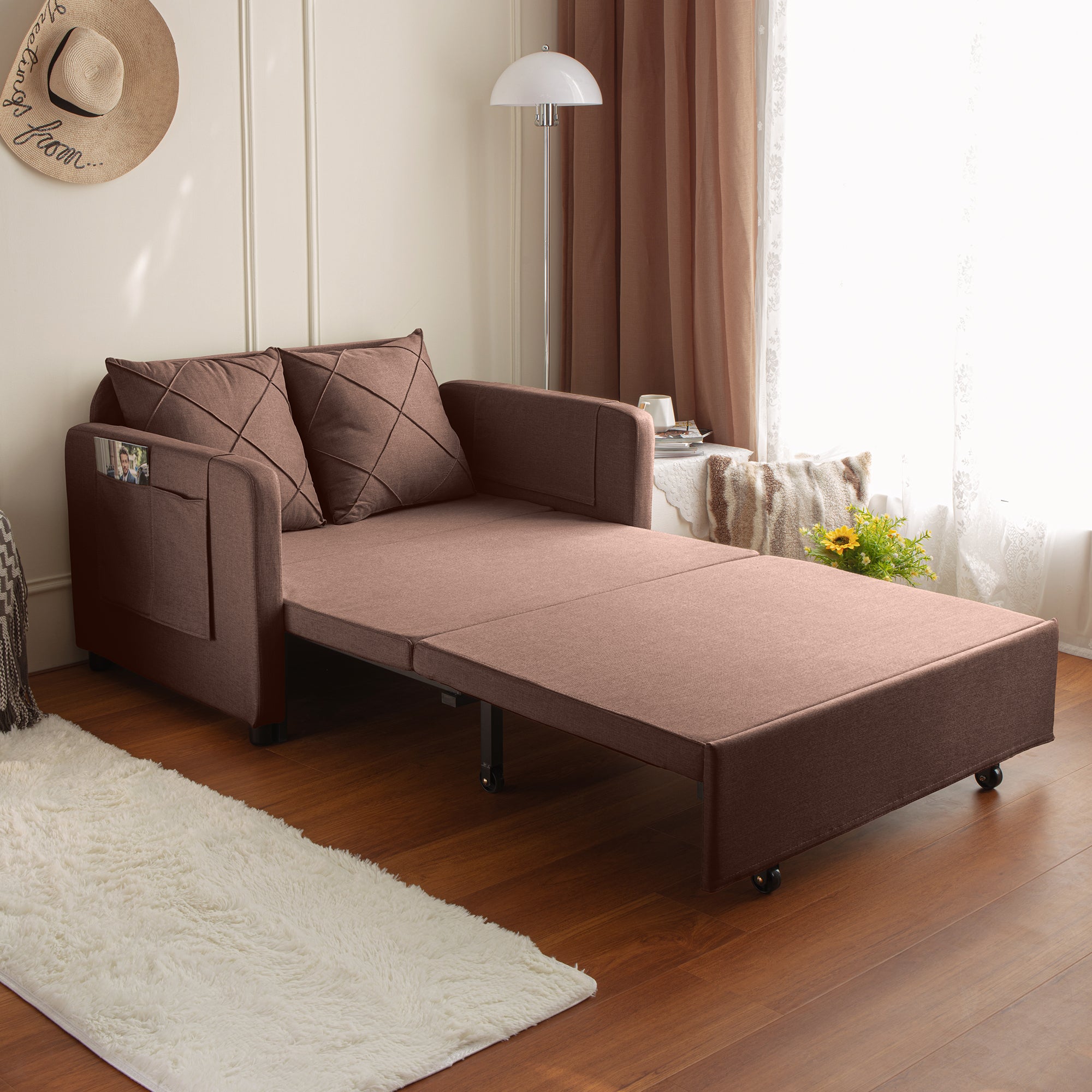 VIDEO provided Modern Love Seat Futon Sofa Bed with brown-foam