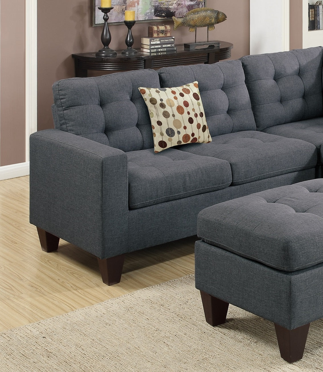 Modular Sectional W Ottoman Blue Grey Polyfiber 4Pcs Sectional Sofa Laf And Raf Loveseat Corner Wedge Ottoman Tufted Cushion Couch Blue Grey Primary Living Space Tufted Back Classic,Contemporary,Modern Modular Rubberwood Fabric 5 Seat