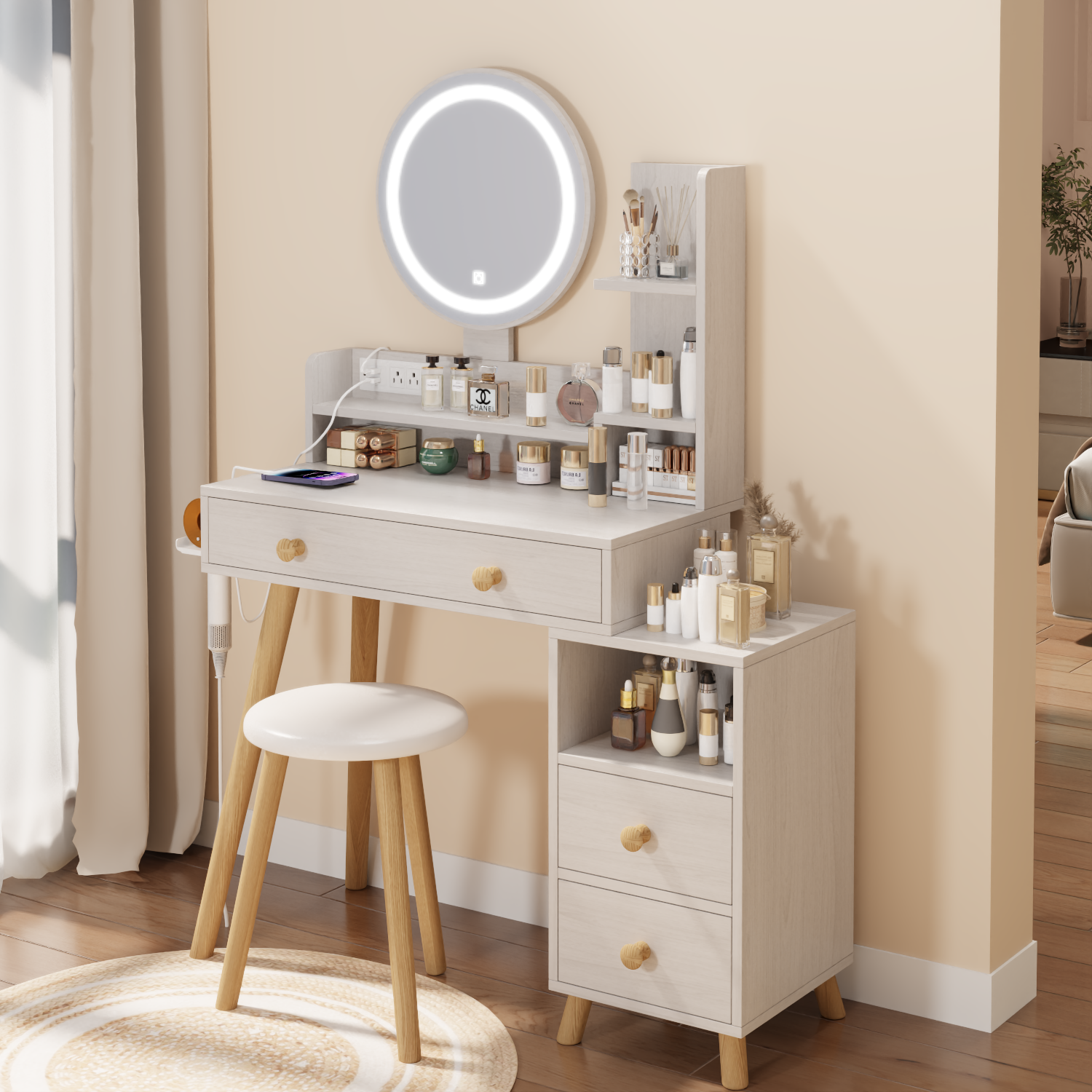 Round Mirror Bedside Cabinet Vanity Table Cushioned Stool, With 2 Ac P Round Mirror Bedside Cabinet Vanity Table Cushioned Stool, With 2 Ac P