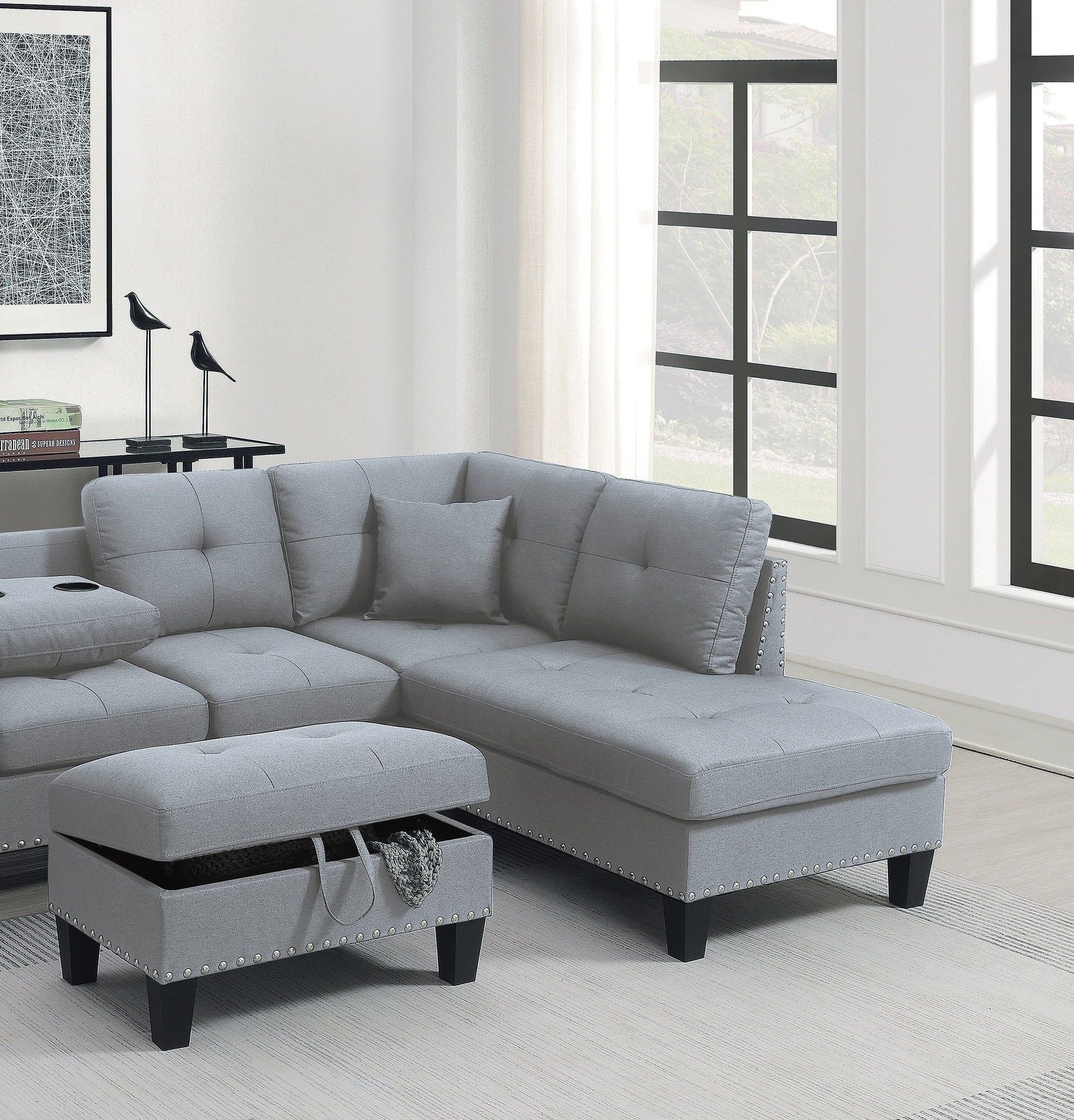 Living Room Furniture 3 Pcs Sectional Sofa Set Laf Sofa Raf Chaise And Storage Ottoman Cup Holder Taupe Grey Color Linen Like Fabric Couch Gray Taupe Nordic Primary Living Space Contemporary,Modern,Transitional L Shaped Rubberwood Fabric 5 Seat