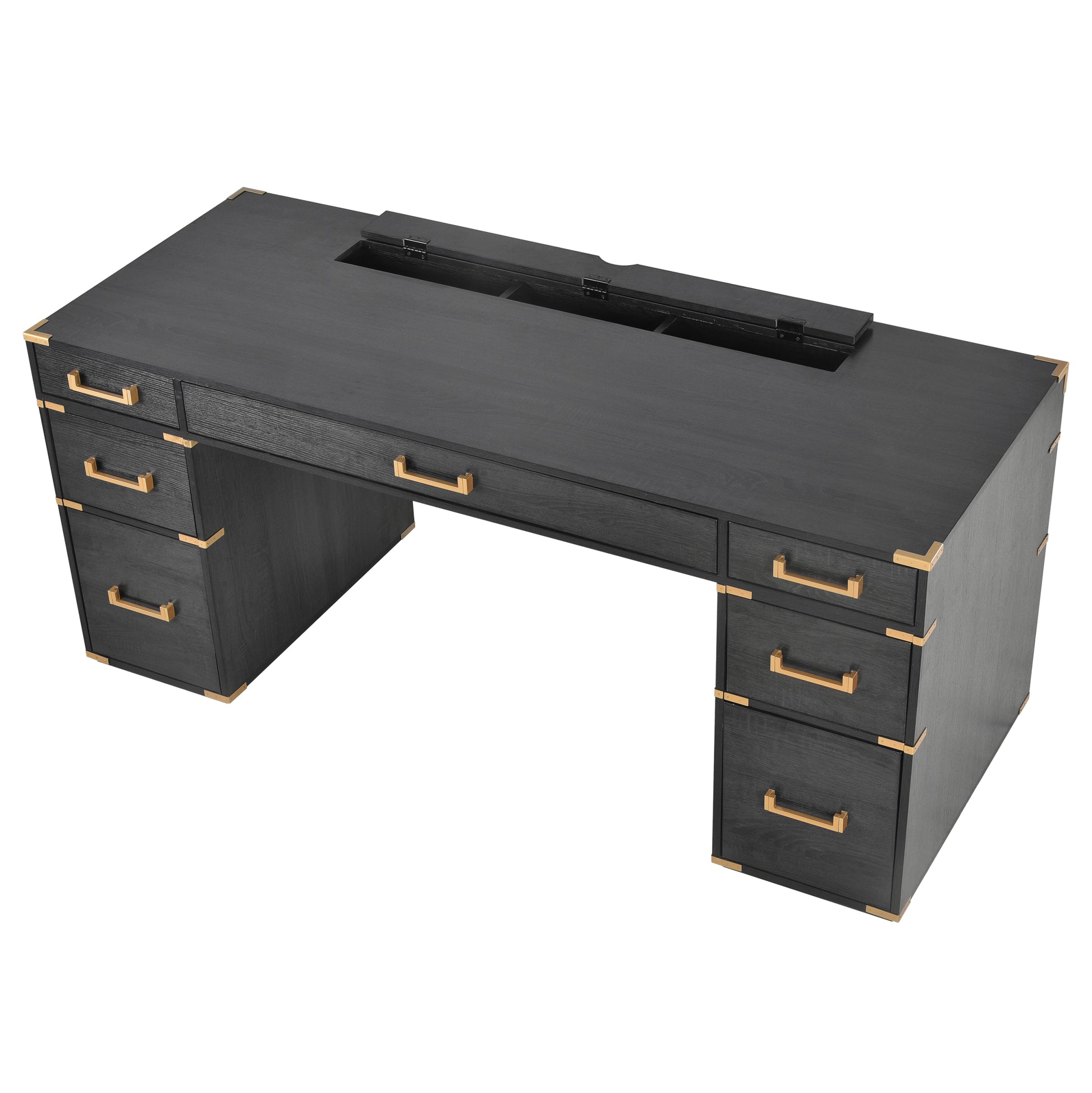 70"Classic And Traditional Executive Desk With Metal Edge Trim ,Writing Desk With 2 File Drawers,Usb Ports And Outlets,Desk With Hidden Compartment For Living Room,Home Office,Study Room,Black Black Gold Mdf Metal