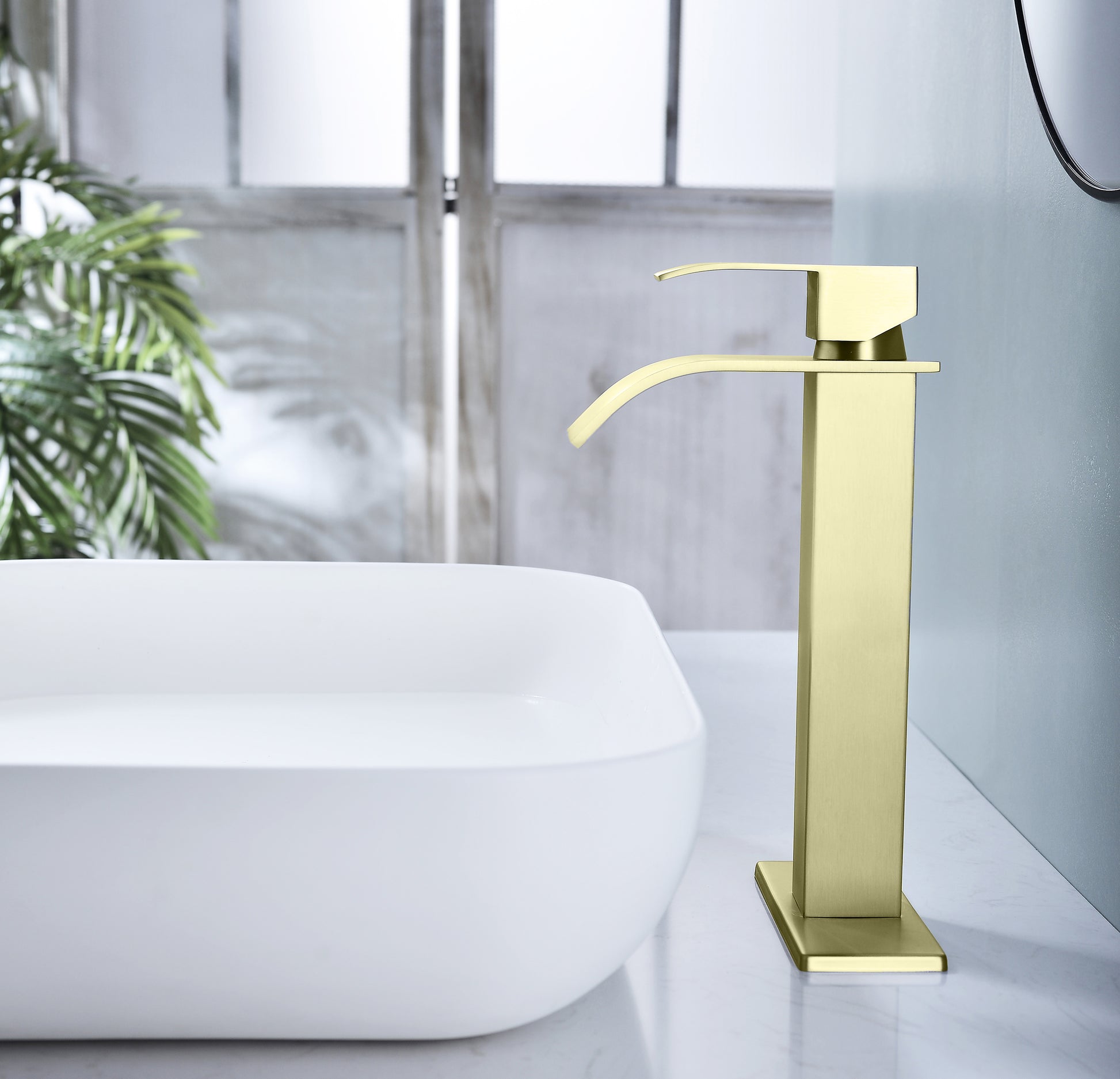 Waterfall Spout Bathroom Faucet,Single Handle Bathroom Vanity Sink Faucet Brushed Gold Stainless Steel