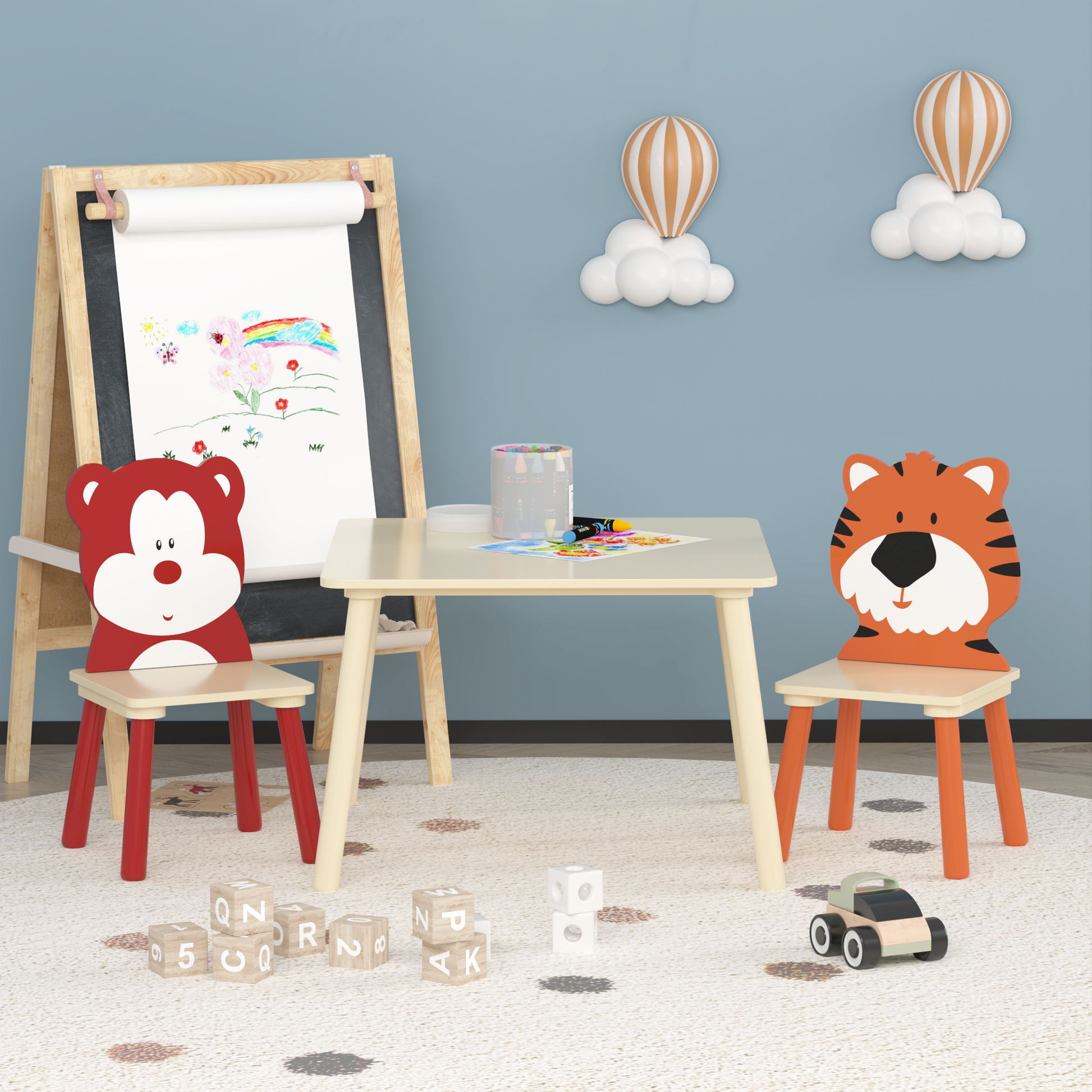 Kids Table And 2 Chairs Set, 3 Pieces Toddler Table And Chair Set, Wooden Activity Play Table Set Bear&Tiger Natural Solid Wood Mdf